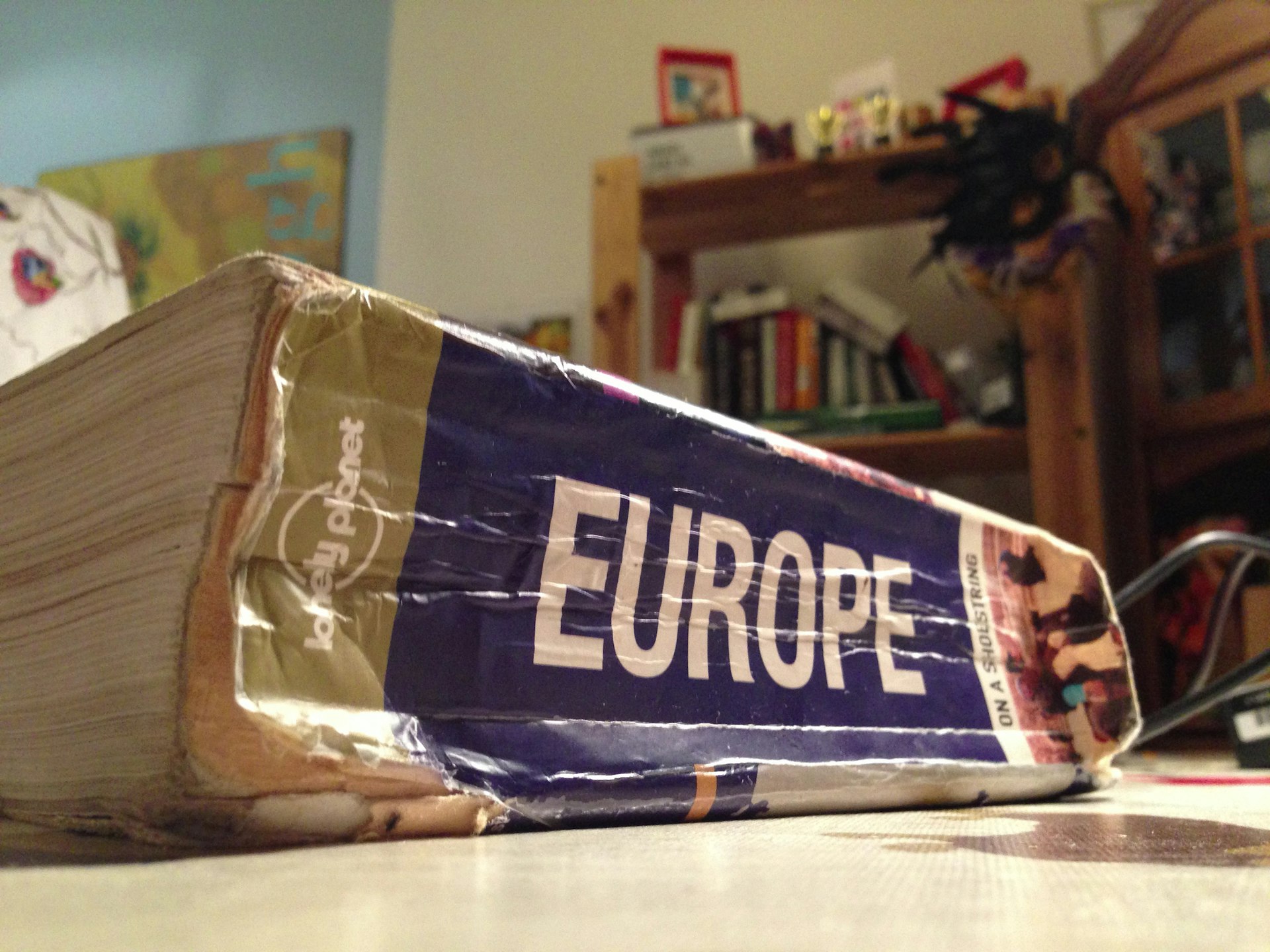 A Lonely Planet Europe guidebook with a well-used spine