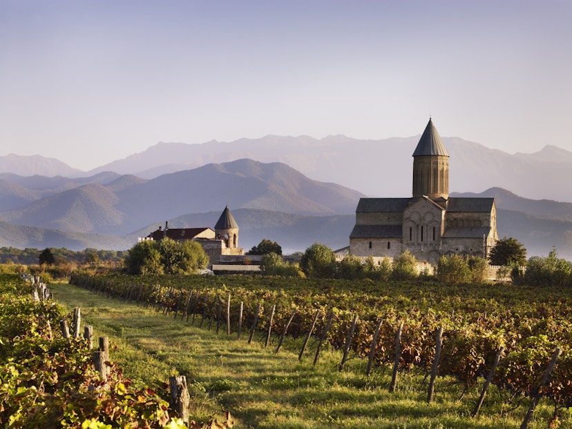 Vineyard and Alaverdi Cathedral with Caucasus Mountains in background.