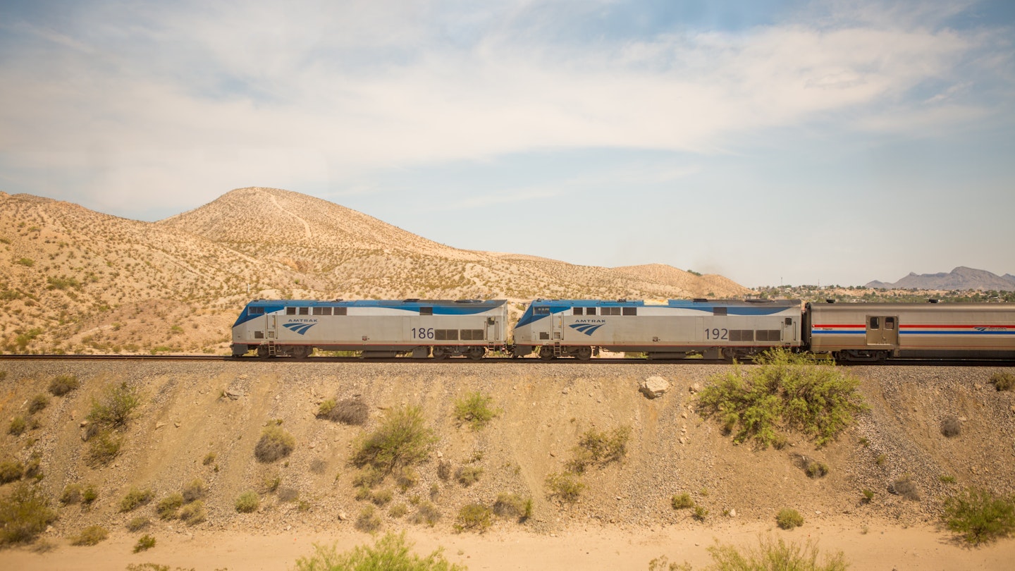 Amtrak train in the New Mexico desert.