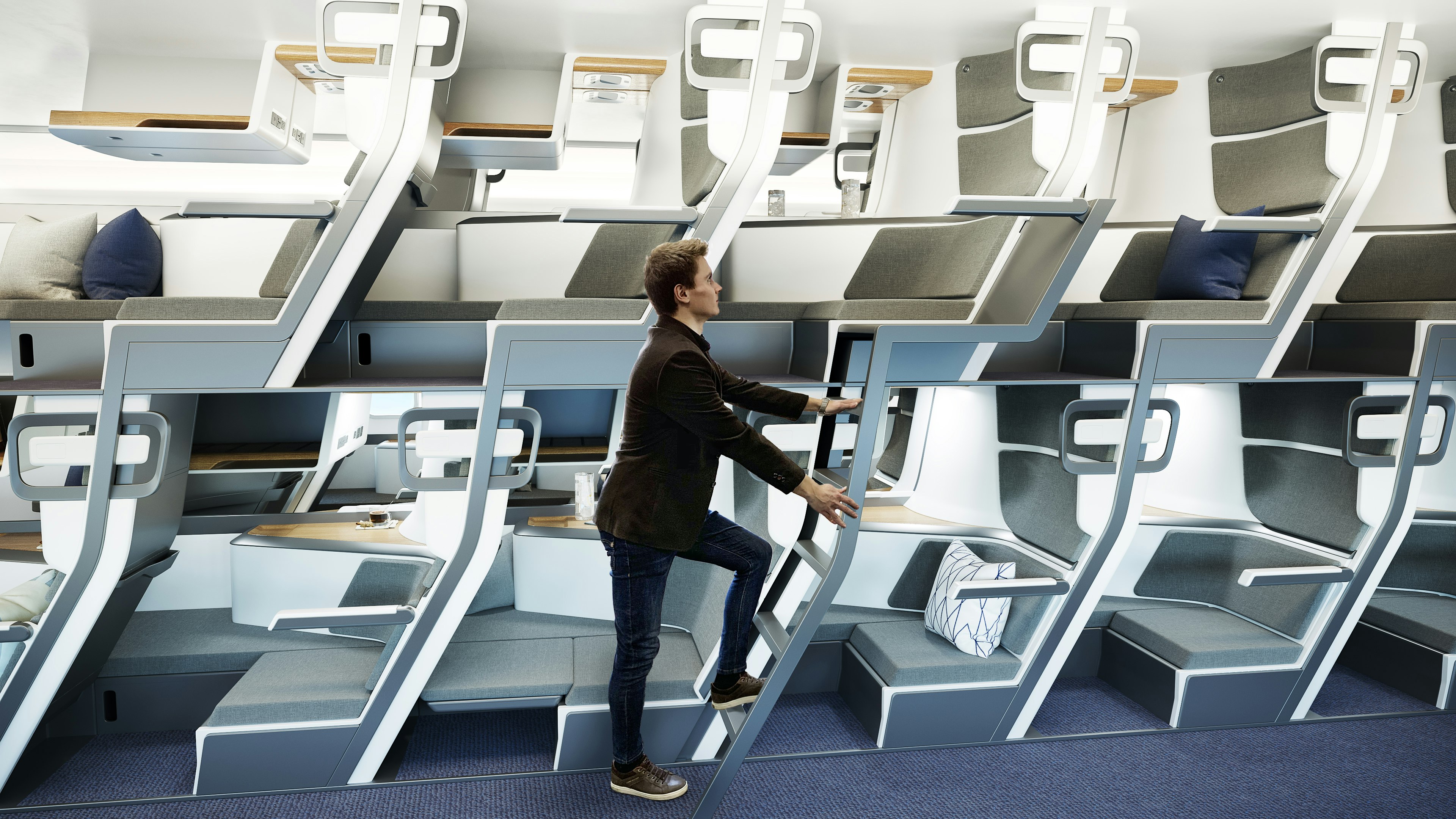 A passenger climbs the ladder of a bunk bed-style airline seat