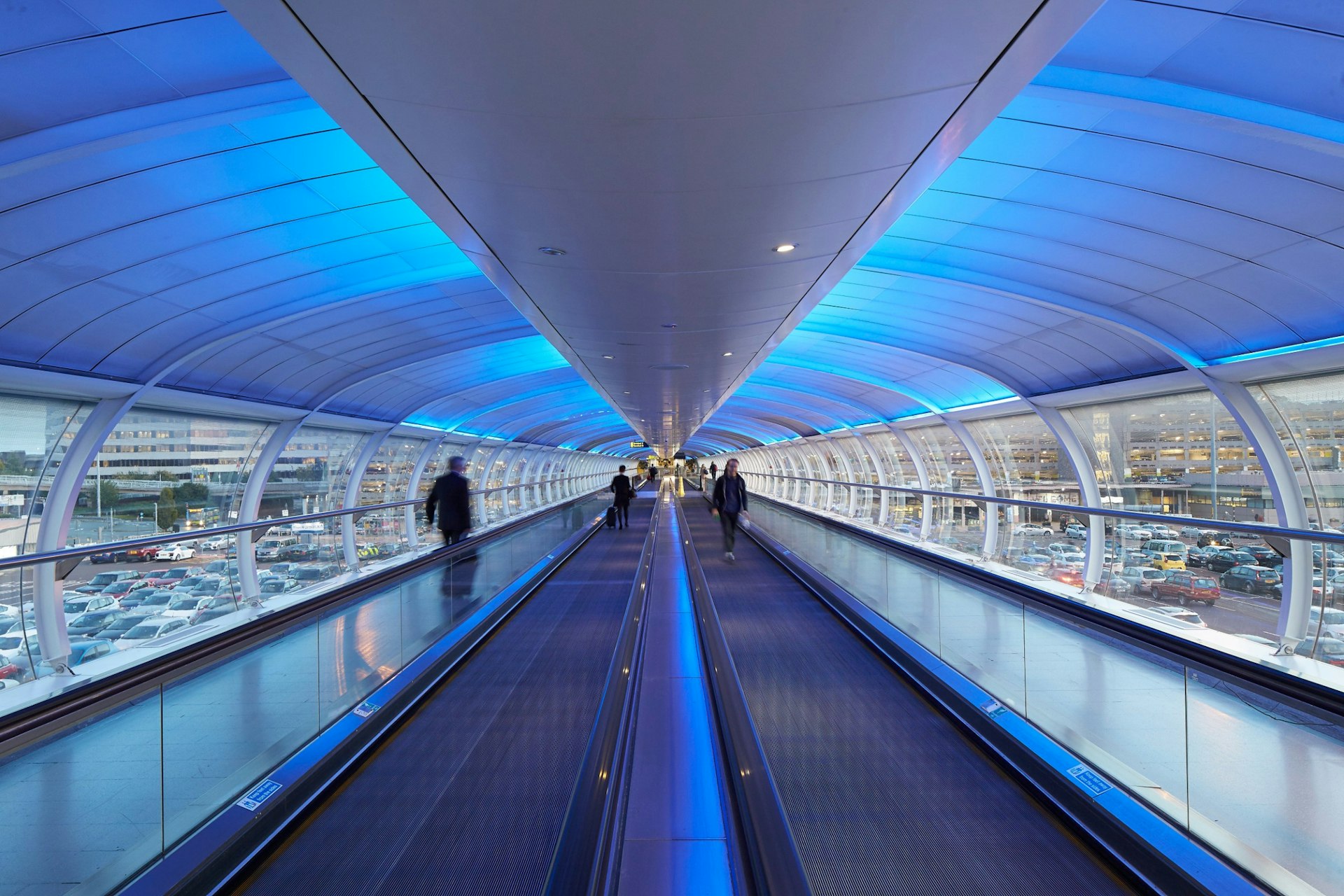 The illuminated Skyywalk at Manchester Airport