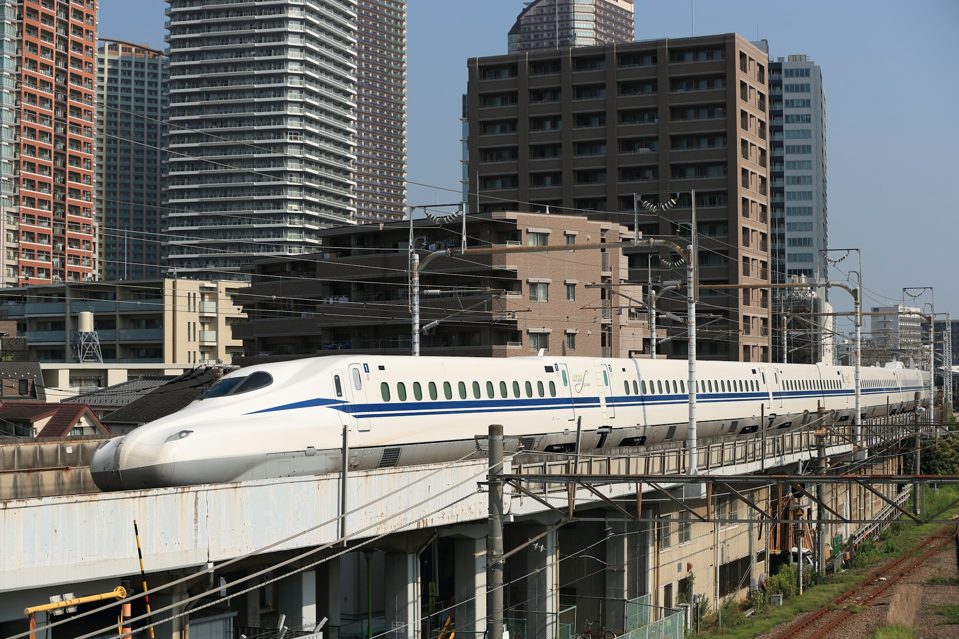 A N700S Shinkansen bullet train test runs between Shinagawa and Shin-Yokohama station