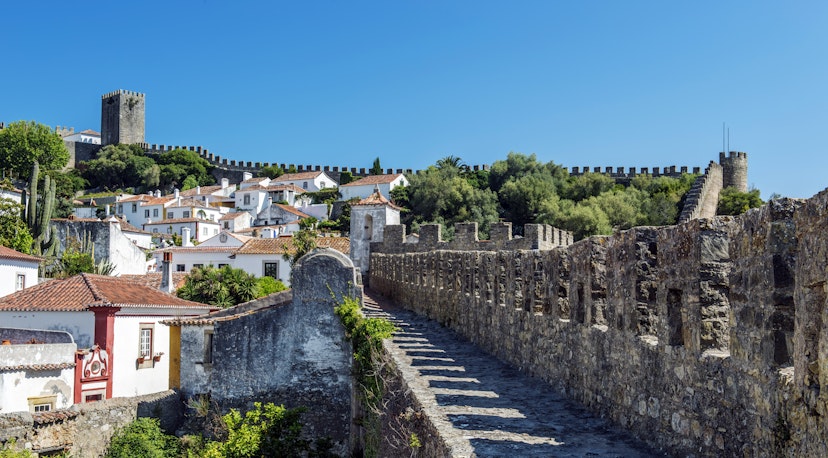 Stone walkway and Obidos cityscape, Leiria, Portugal