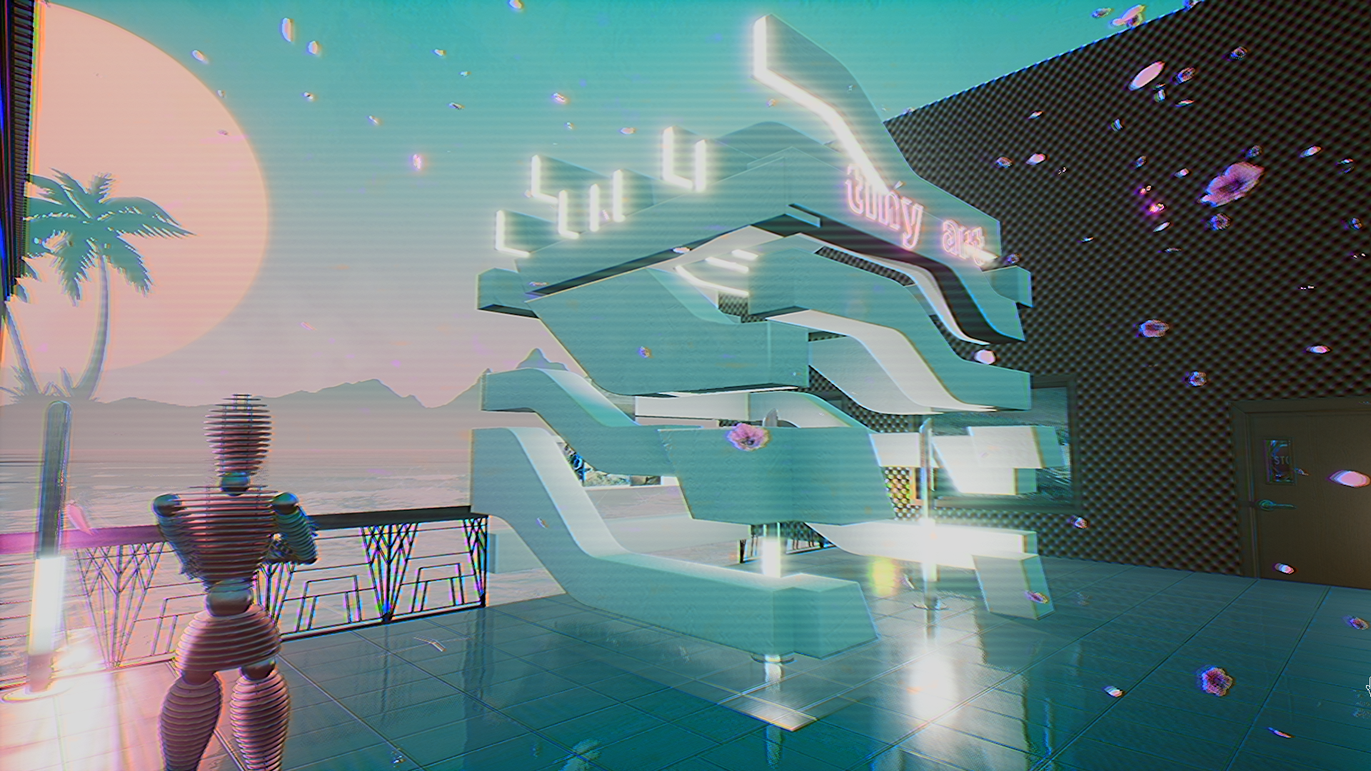A futuristic gallery with '80s-style neon