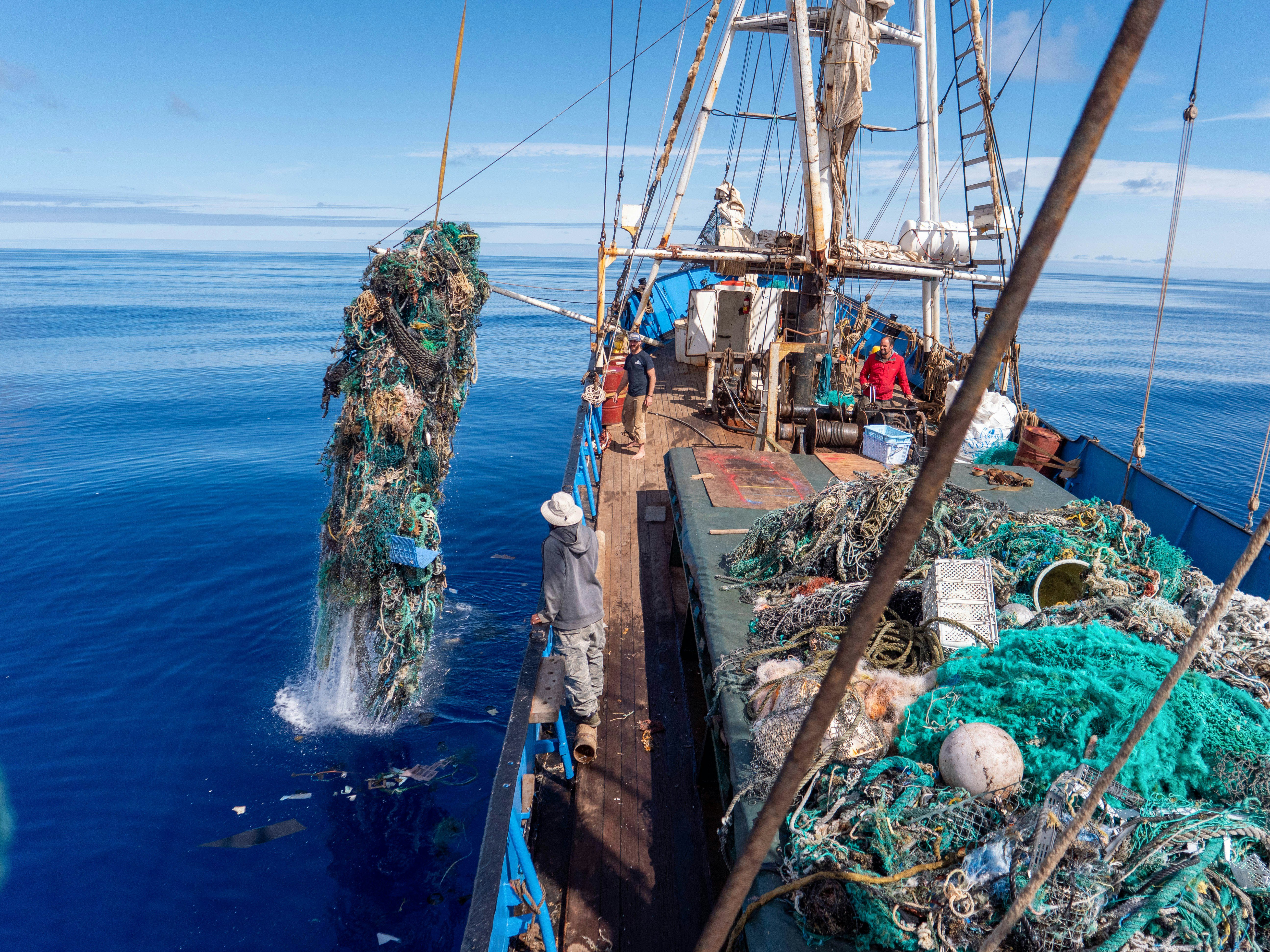 Ocean Voyages Institute cargo ship haul nets from water