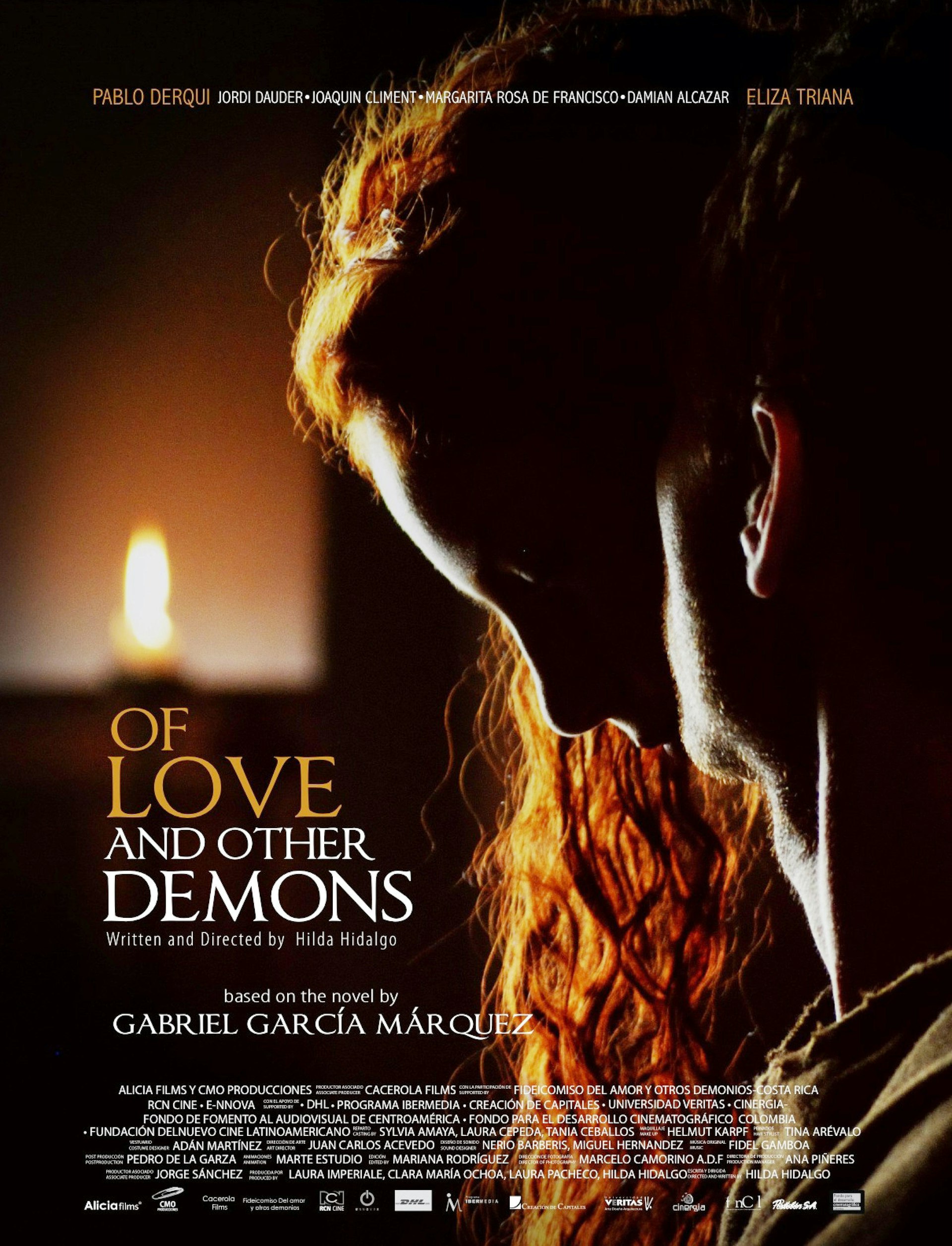 Poster from the movie 'Of Love and Other Demons" depicting a man seemingly kissing the cheek of a young woman with red hair. 