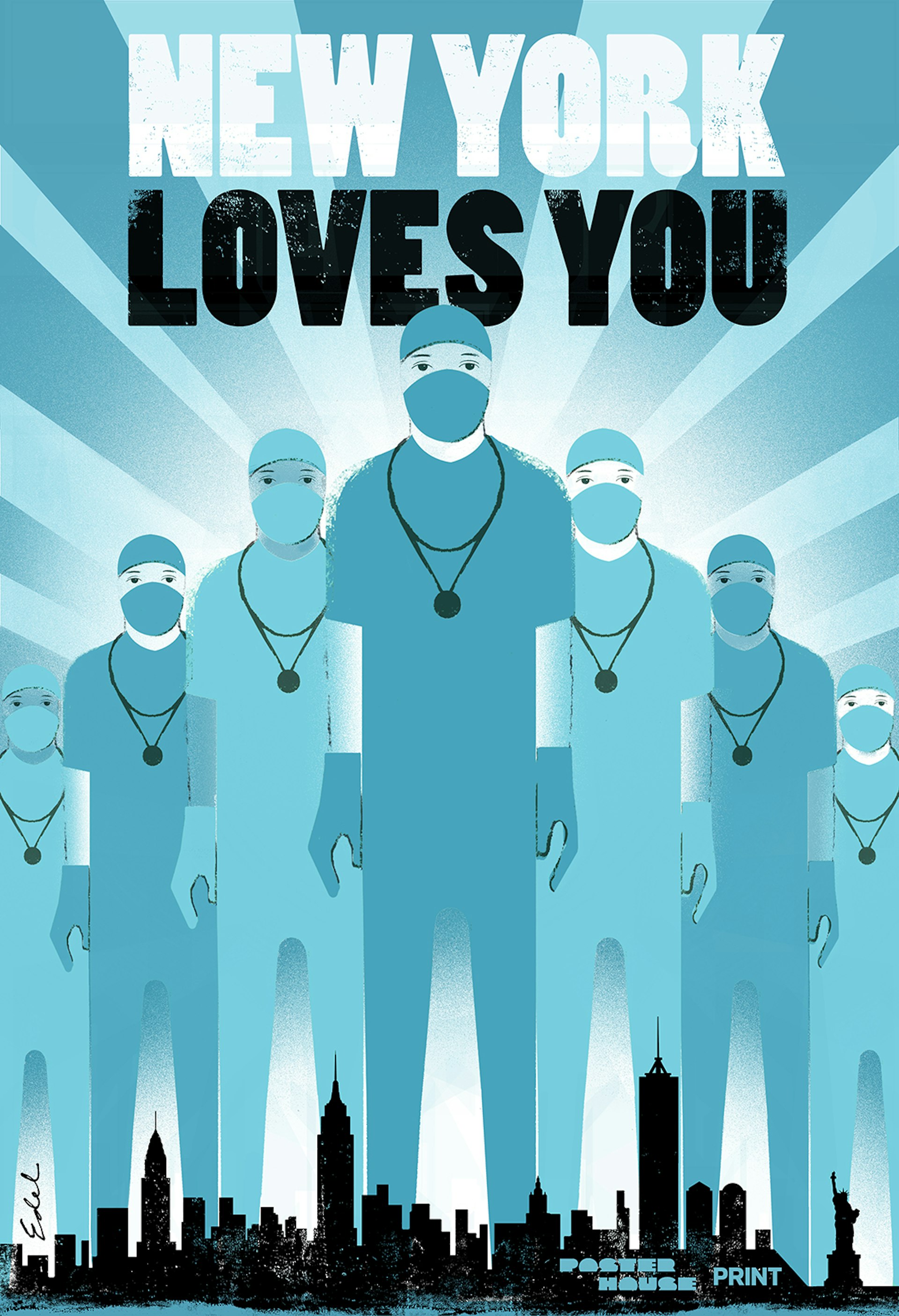 Blue poster with a row of healthcare professionals under the words New York Loves You  