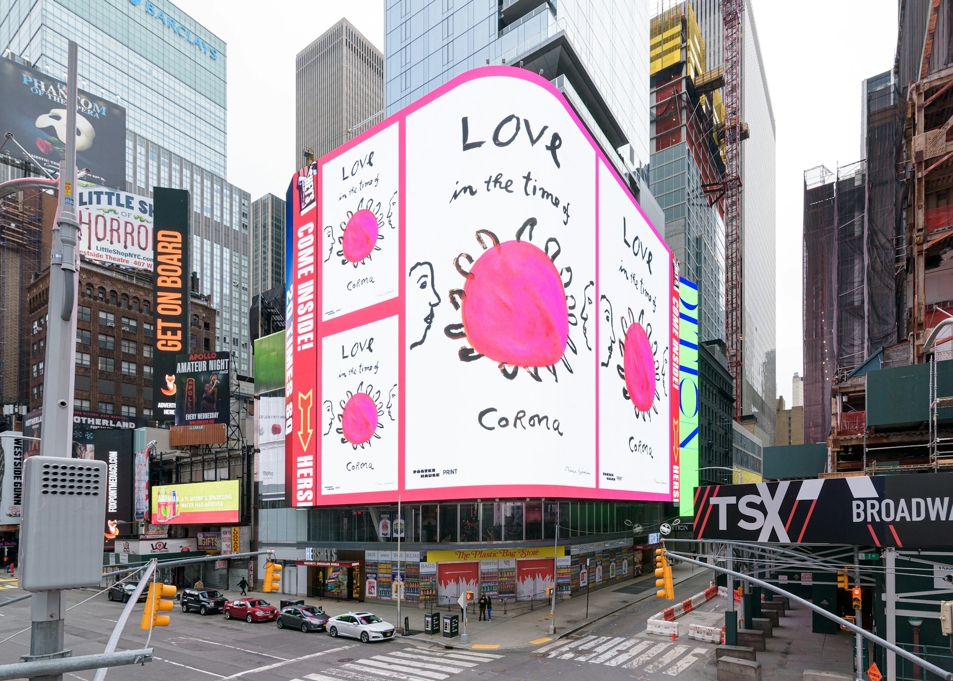 Love in the Time of Corona poster in Times Square. PSA by Maira Kalman, photo by Ian Douglas