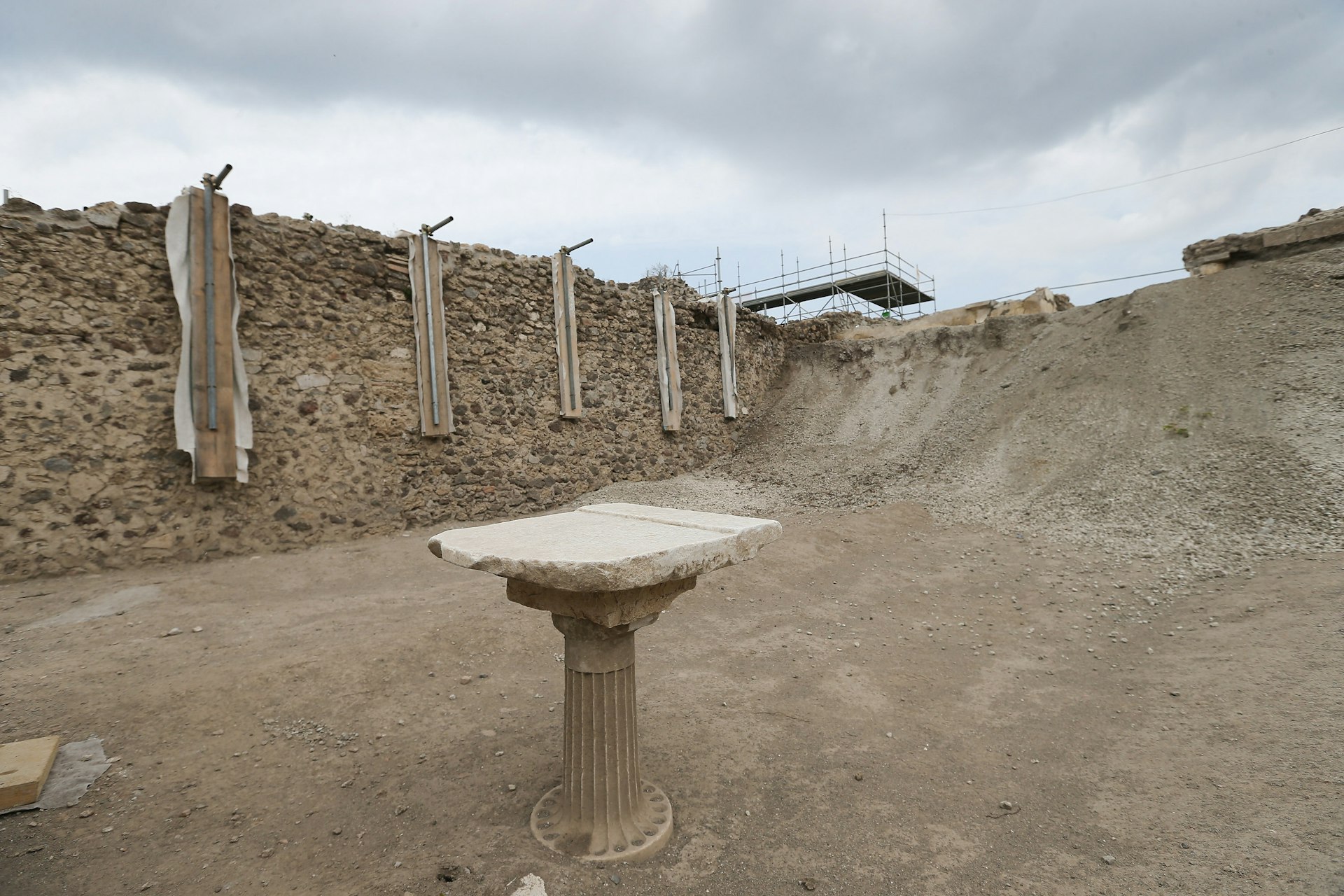 A small table discovered in one of the new excavations that are part of the Regio V site of the Pompeii archaeological excavations