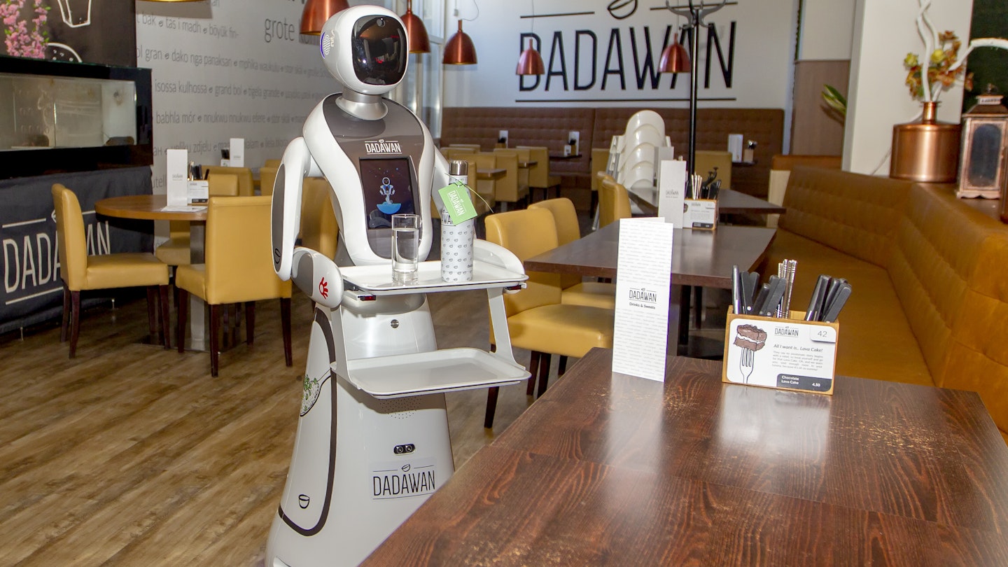 MAASTRICHT, NETHERLANDS - MAY 28: View of a serving robot at restaurant Dadawan on May 28, 2020 in Maastricht, Netherlands. Robots will serve food and drinks to the customers as well as to measure body temperature before customers enter the restaurant. Restaurants and cafes will re-open in The Netherlands on June 1st. as part of the Coronavirus lockdown ease. (Photo by Frank Kerbusch/BSR Agency/Getty Images)