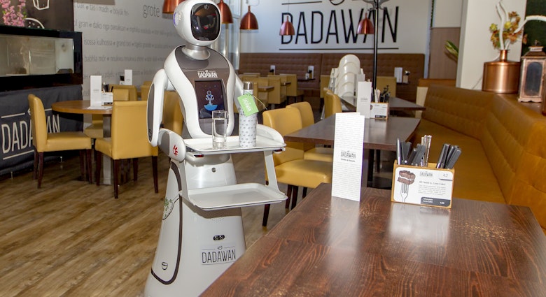 MAASTRICHT, NETHERLANDS - MAY 28: View of a serving robot at restaurant Dadawan on May 28, 2020 in Maastricht, Netherlands. Robots will serve food and drinks to the customers as well as to measure body temperature before customers enter the restaurant. Restaurants and cafes will re-open in The Netherlands on June 1st. as part of the Coronavirus lockdown ease. (Photo by Frank Kerbusch/BSR Agency/Getty Images)
