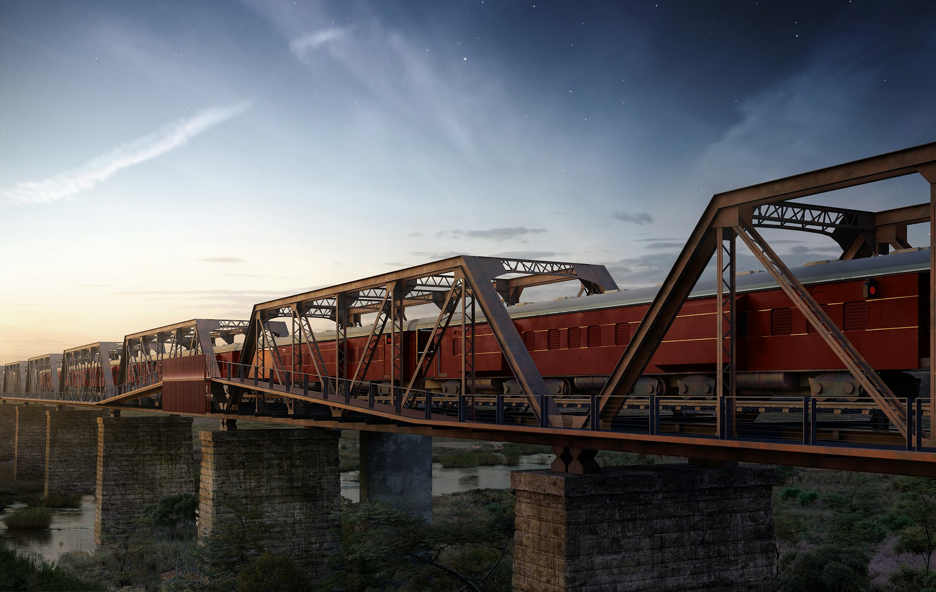 An artist's rendering of a luxury train-hotel on a bridge over Kruger National Park