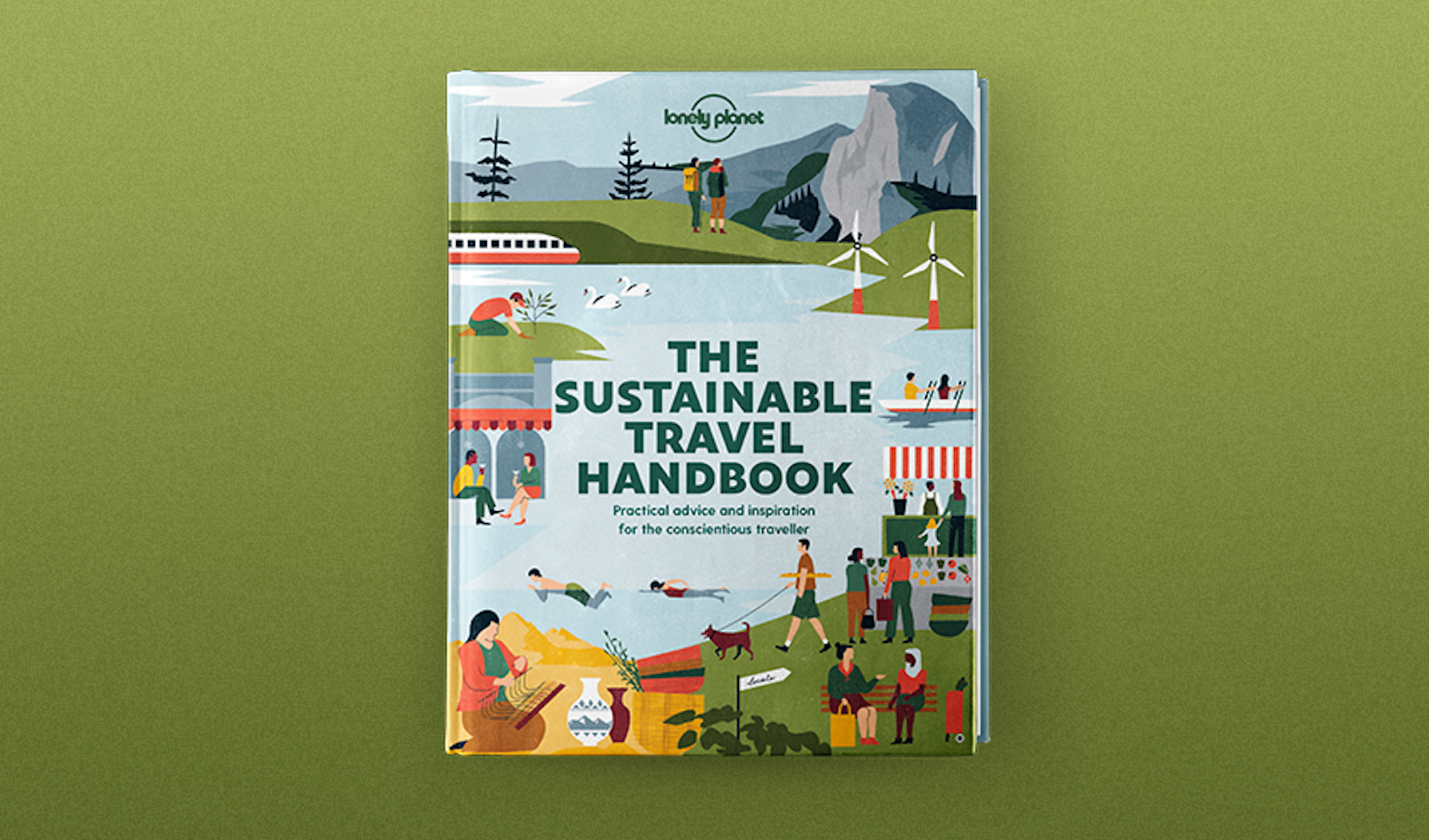 Book cover for Sustainable Travel Handbook, published by Lonely Planet, against a green background