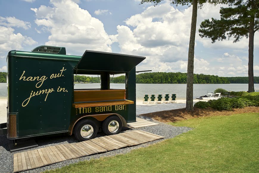 A mobile bar with the words 