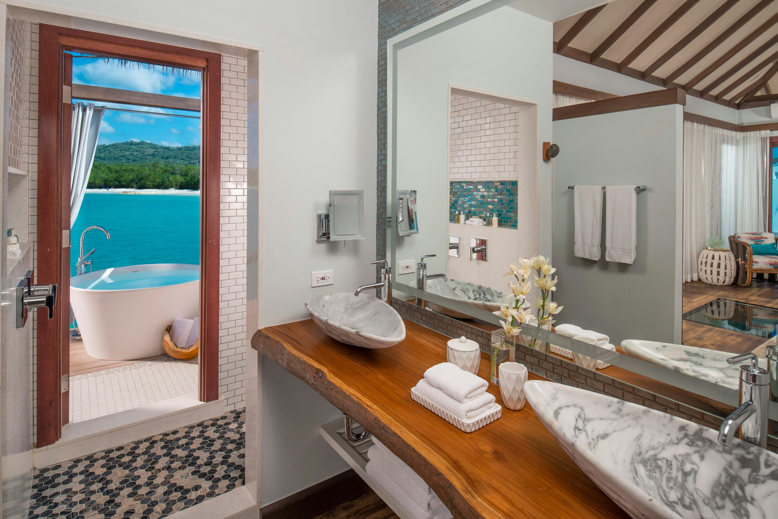 The bathroom in a Sandals South Coast Overwater Bungalow