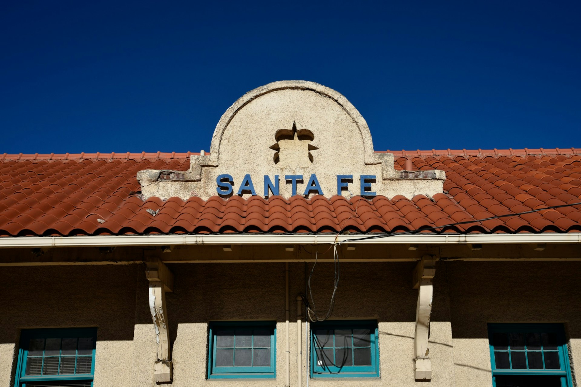 The exterior of the historic Santa Fe Railway depot in New Mexico