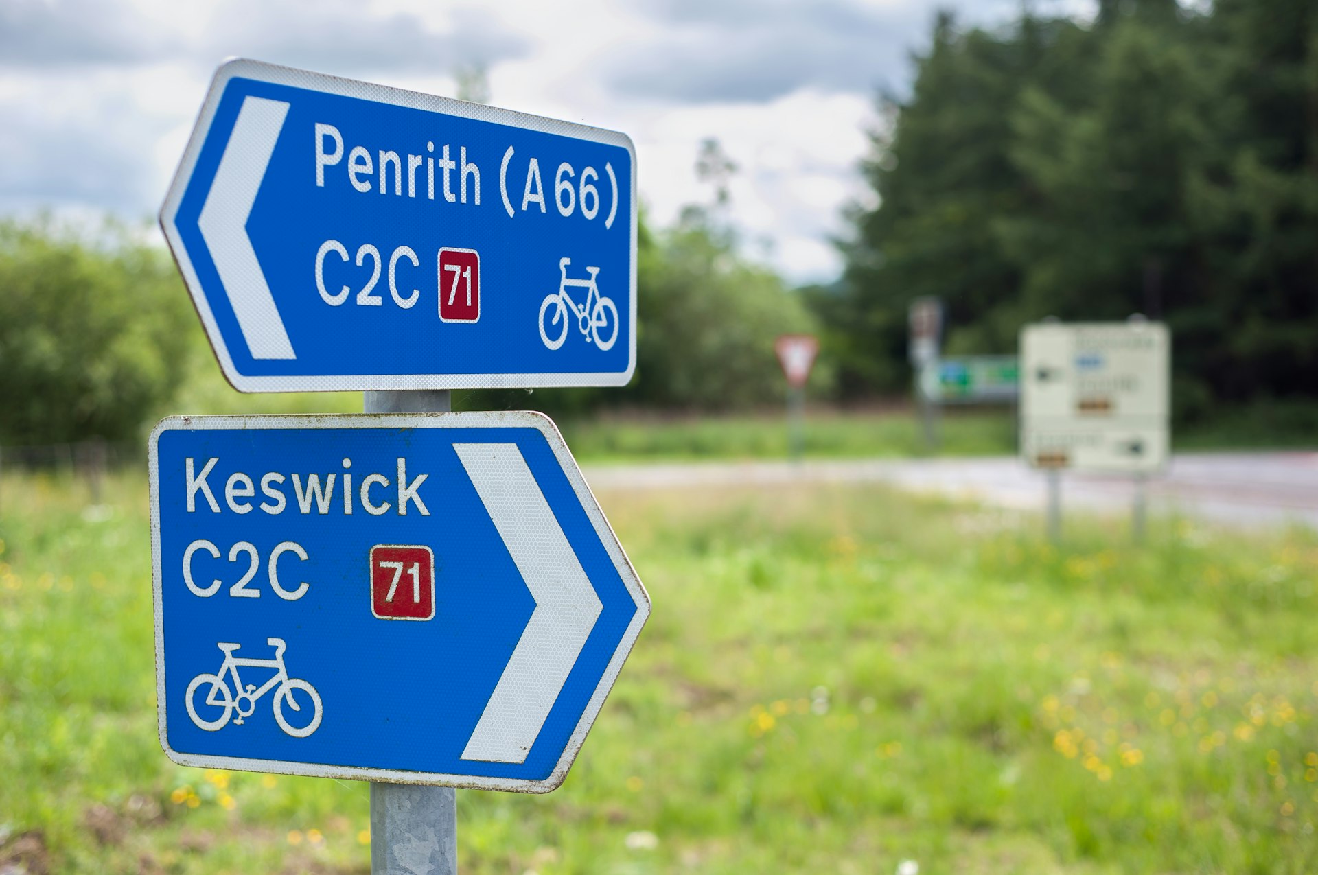 Signpost on C2C Route 71 of the UK's National Cycle Network from Whitehaven to Tynemouth