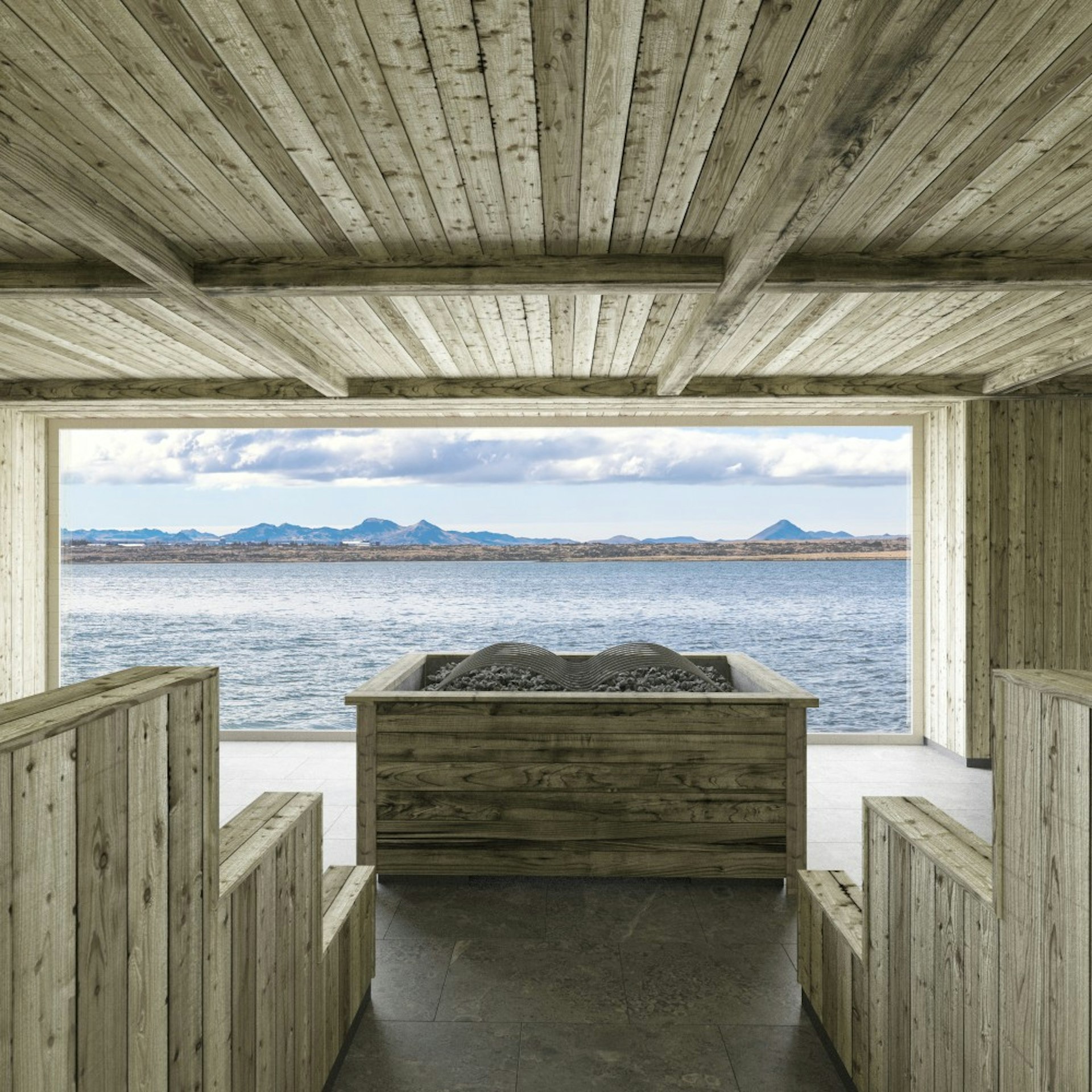 A sauna overlooking the sea at Sky Lagoon