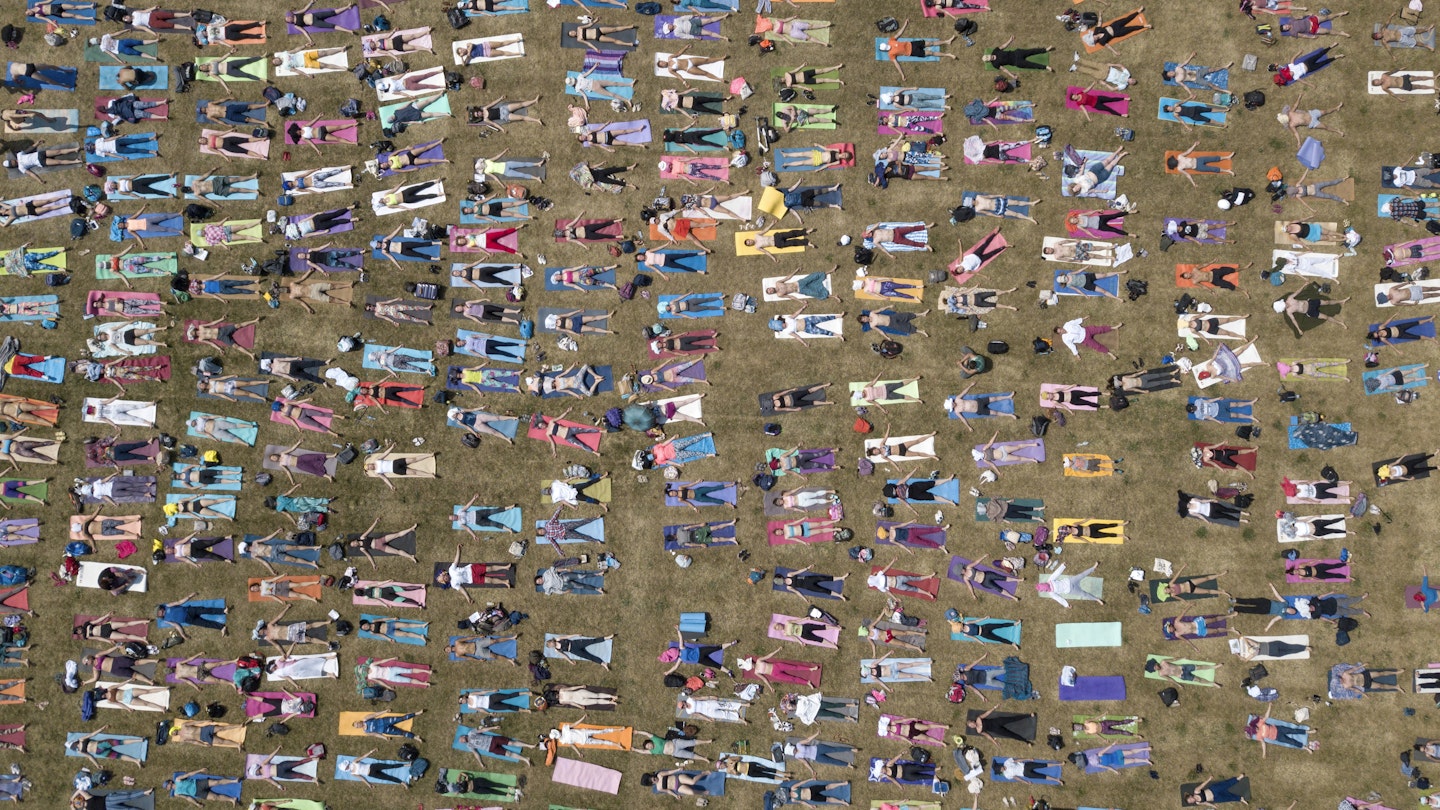 People attending a yoga session in Tsaritsyno Park, Moscow, Russia, to mark International Day of Yoga on 23 June 2019.