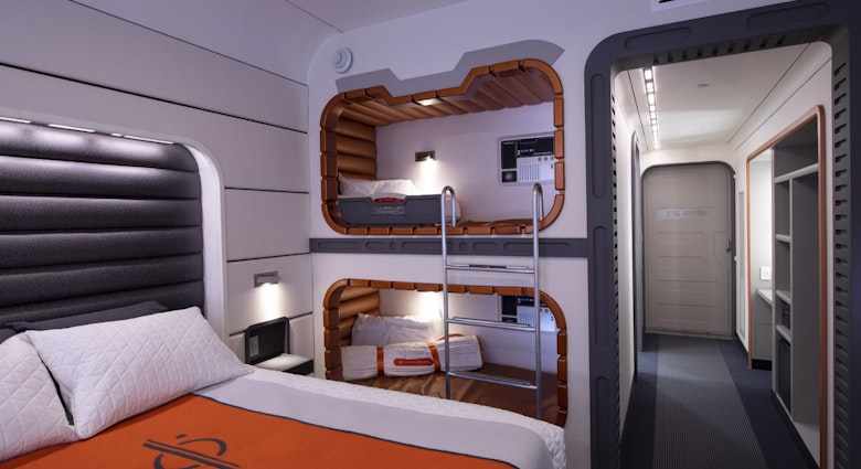 In a galaxy far, far away, progress continues on Star Wars: Galactic Starcruiser at Walt Disney World Resort in Lake Buena Vista, Fla., where guests will live aboard a starship for a two-day, two-night immersive adventure. This mock-up of a starship cabin shows the well-appointed accommodations guests will experience during their stay. (David Roark, photographer)