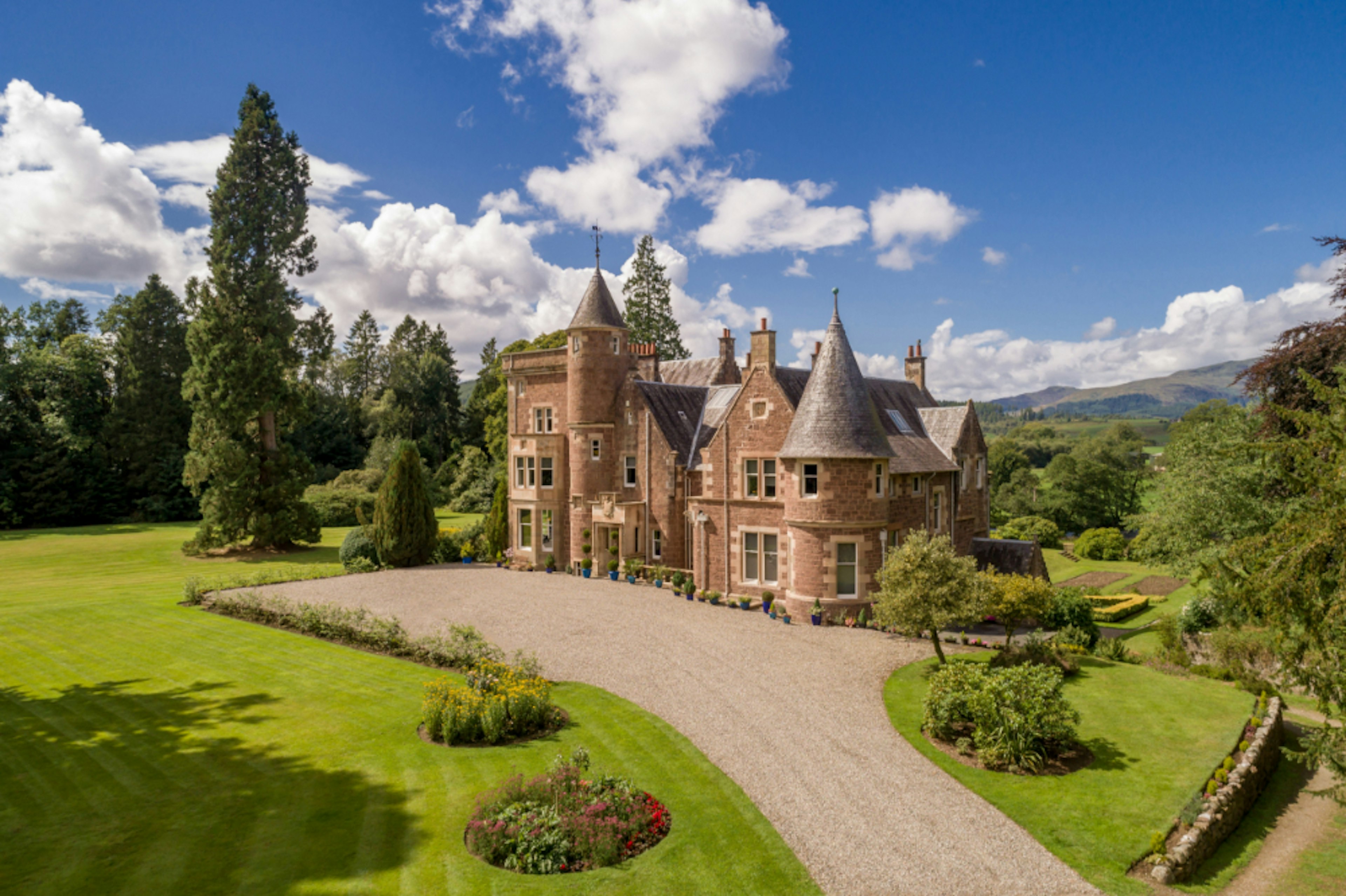 An aerial view of Teith Castle in Scotland