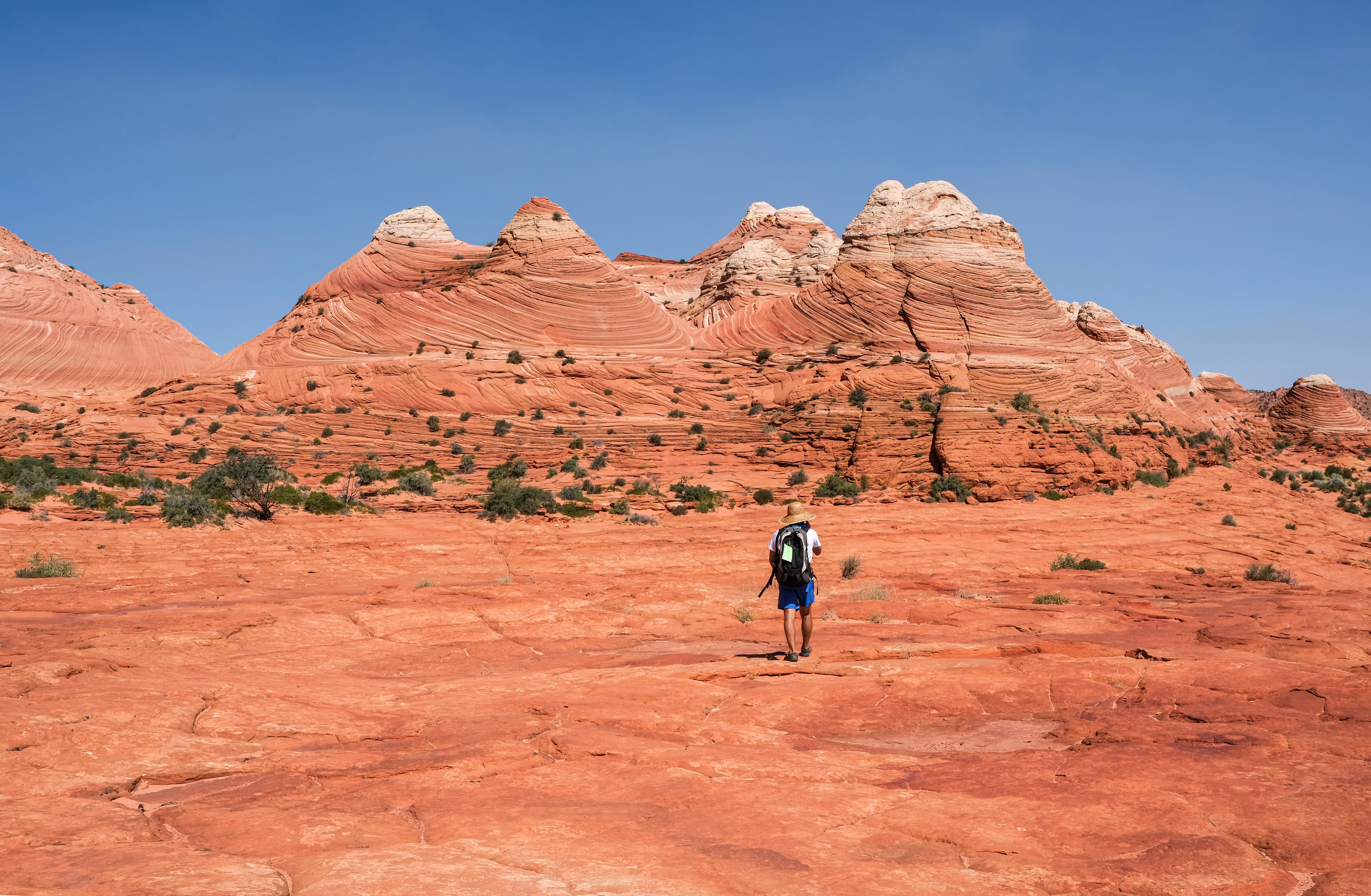 A person in a hat walking across a desert landscape with rock formations in the background