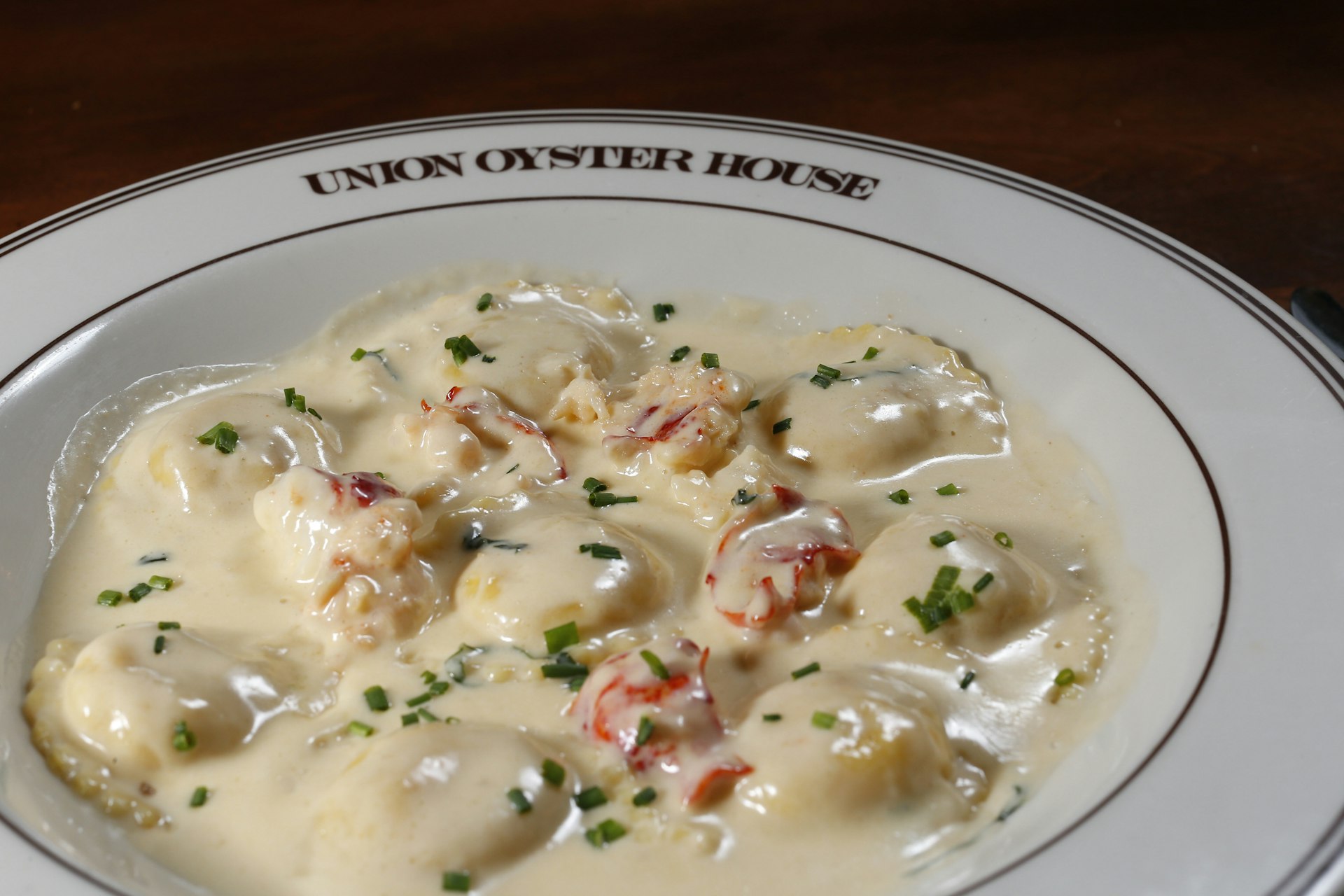Closeup of a plate of lobster ravioli at the Union Oyster House in Boston