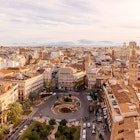 Aerial view of Valencia cityscape and Placa de la Reina square, Spain