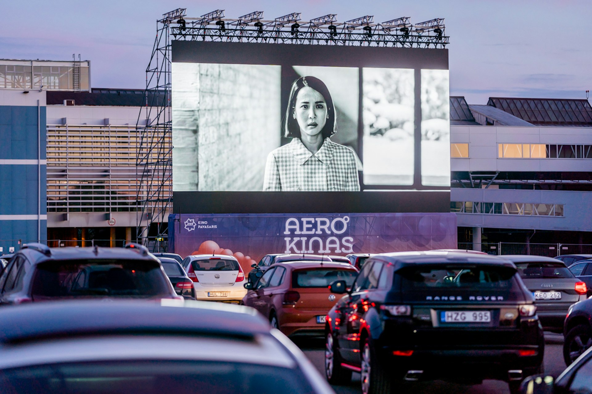 A film showing on the screen at the Vilnius Drive in Movie theatre
