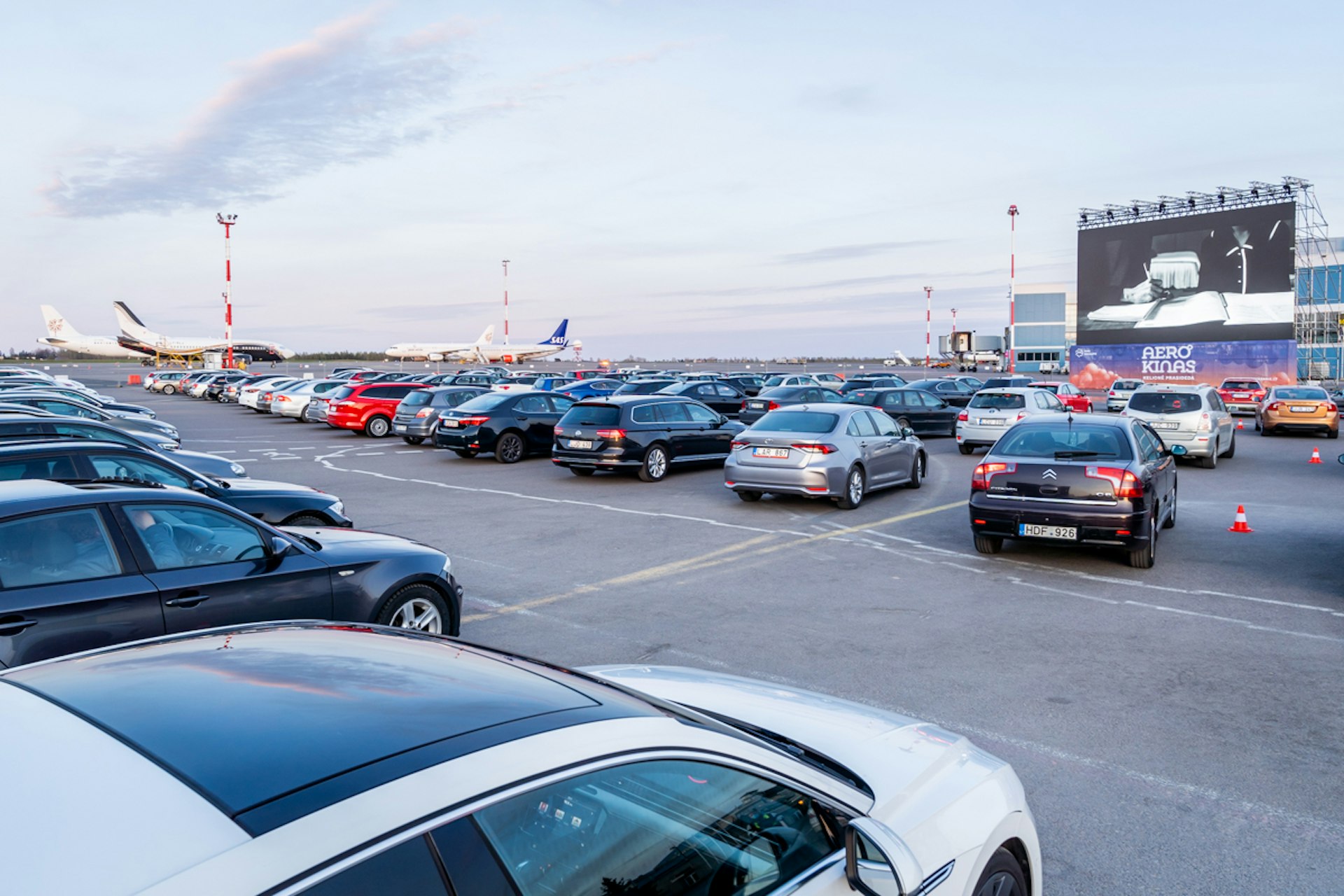 Cars in the airport apron at Vilnius Drive in Movie theatre