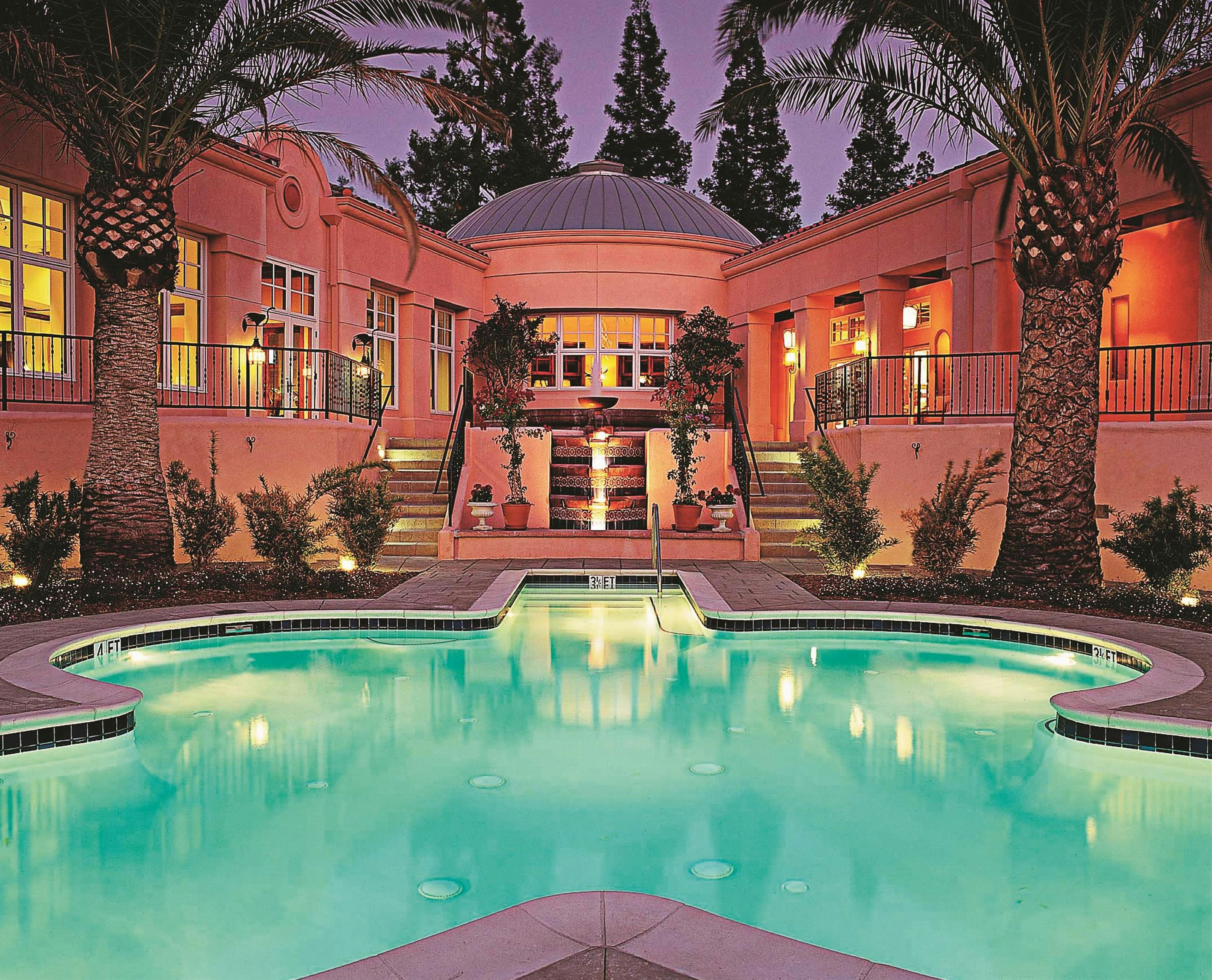 An empty pool surrounded by palm trees