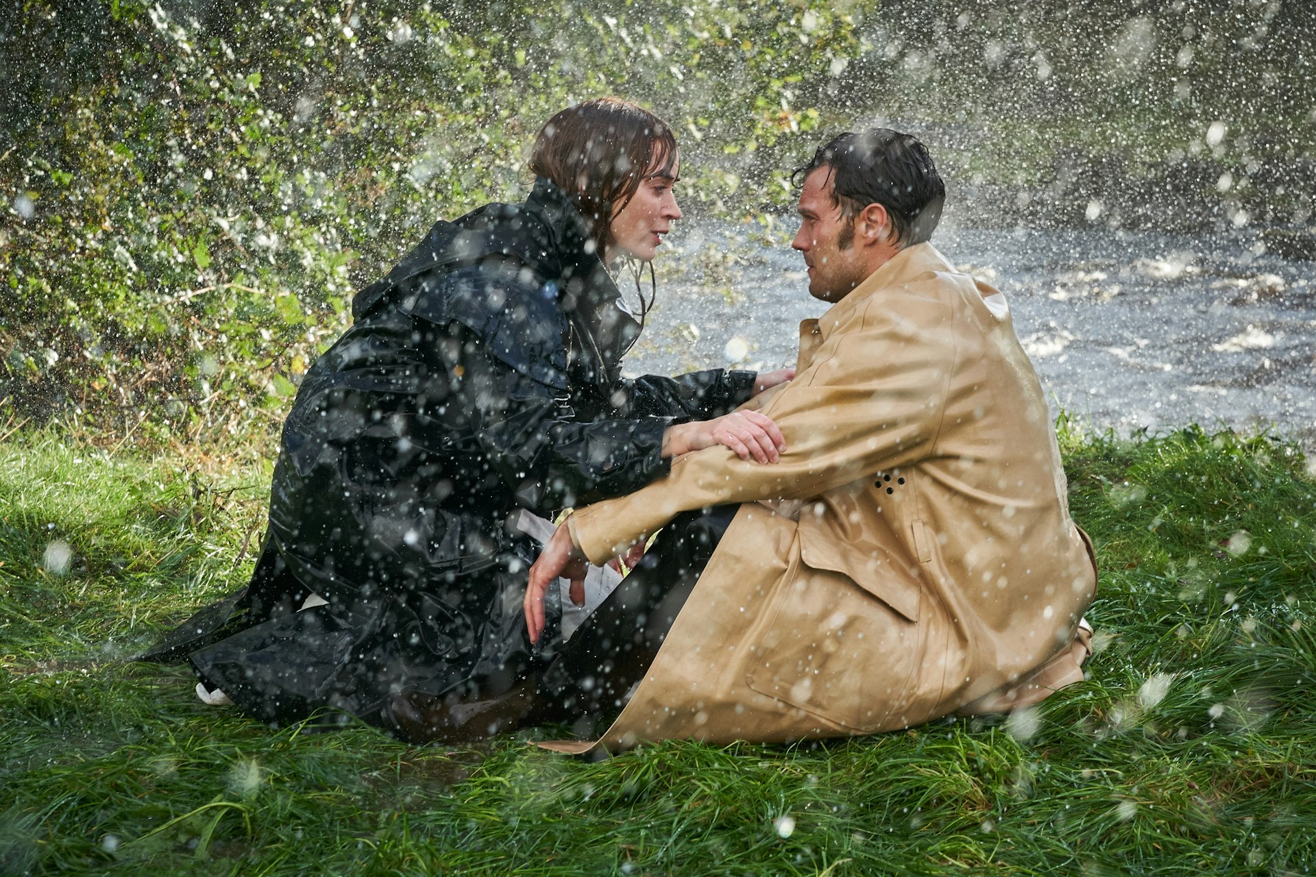Emily Blunt and Jamie Dornan in the rain in Wild-Mountain Thyme