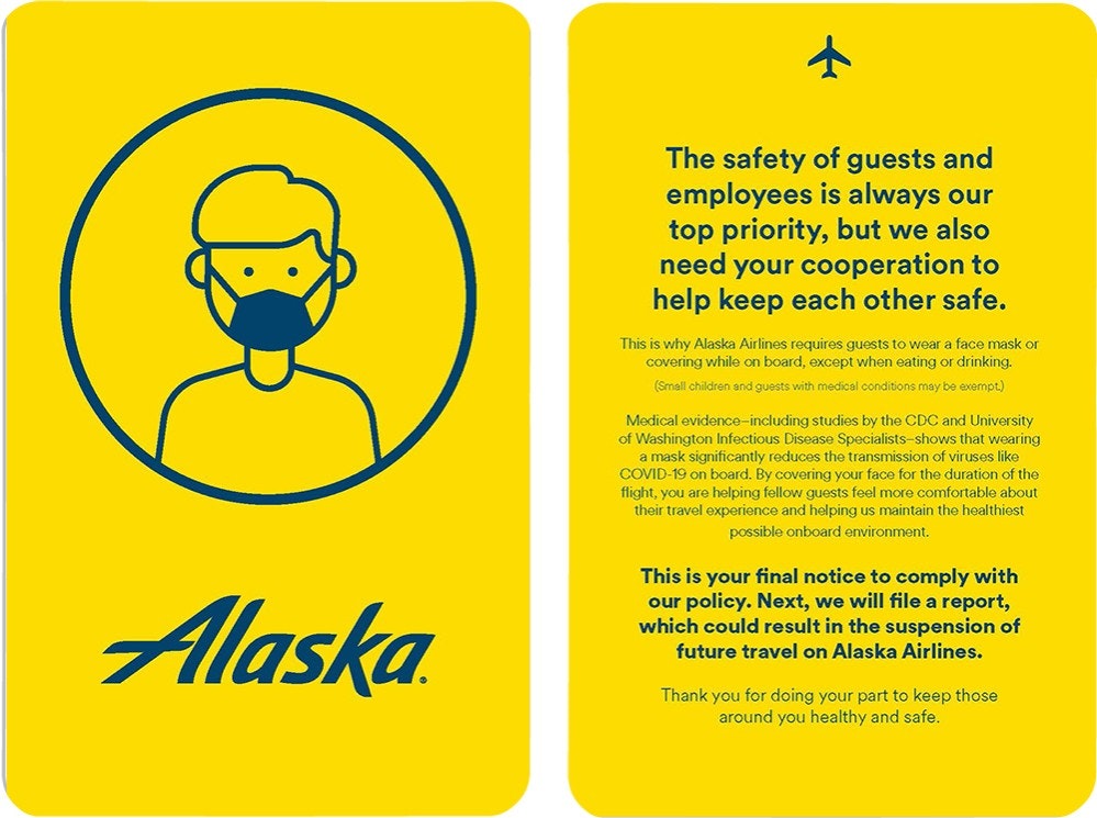 The Yellow Card given by Alaska to passengers who won't wear masks