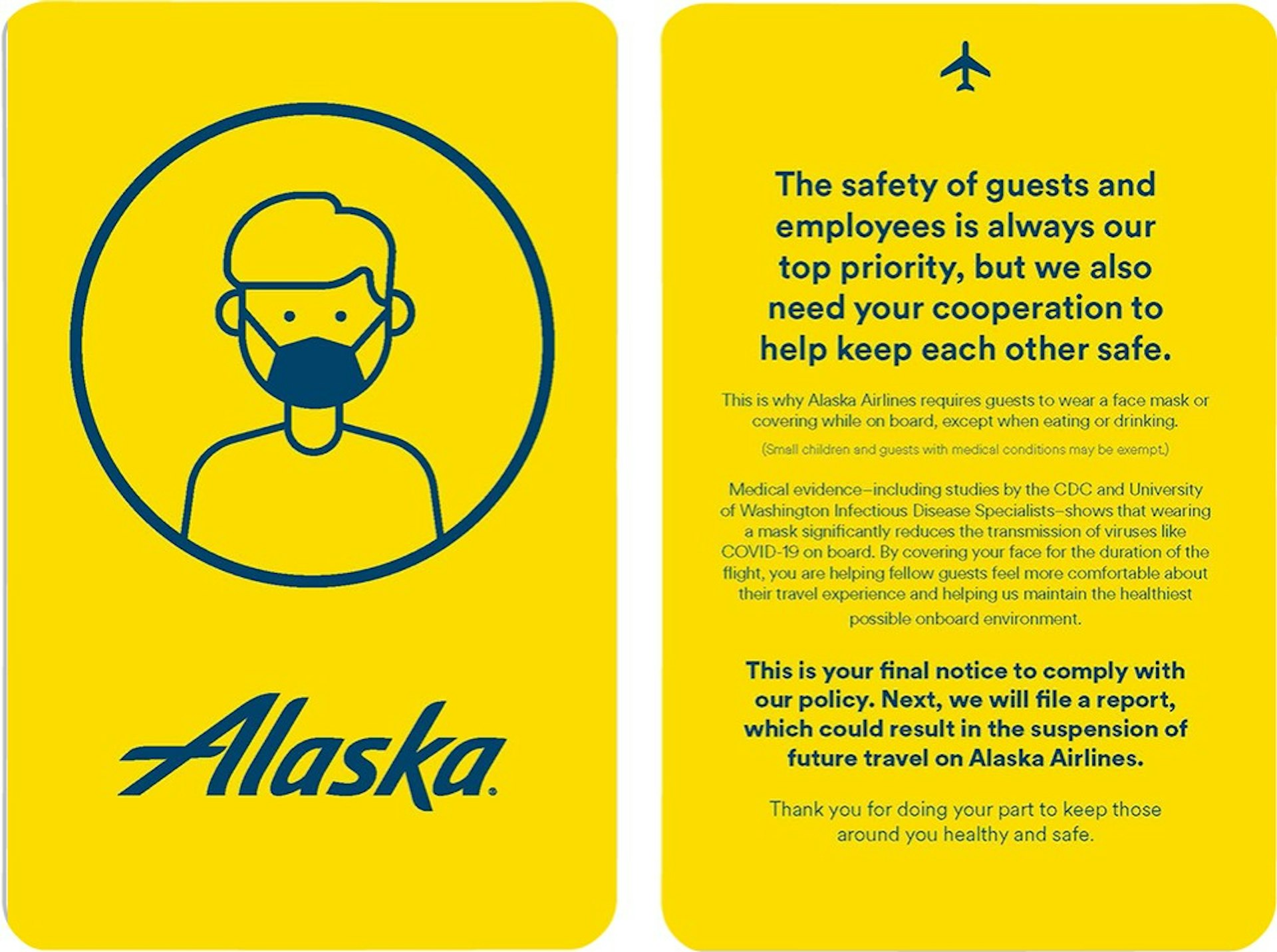 The Yellow Card given by Alaska to passengers who won't wear masks