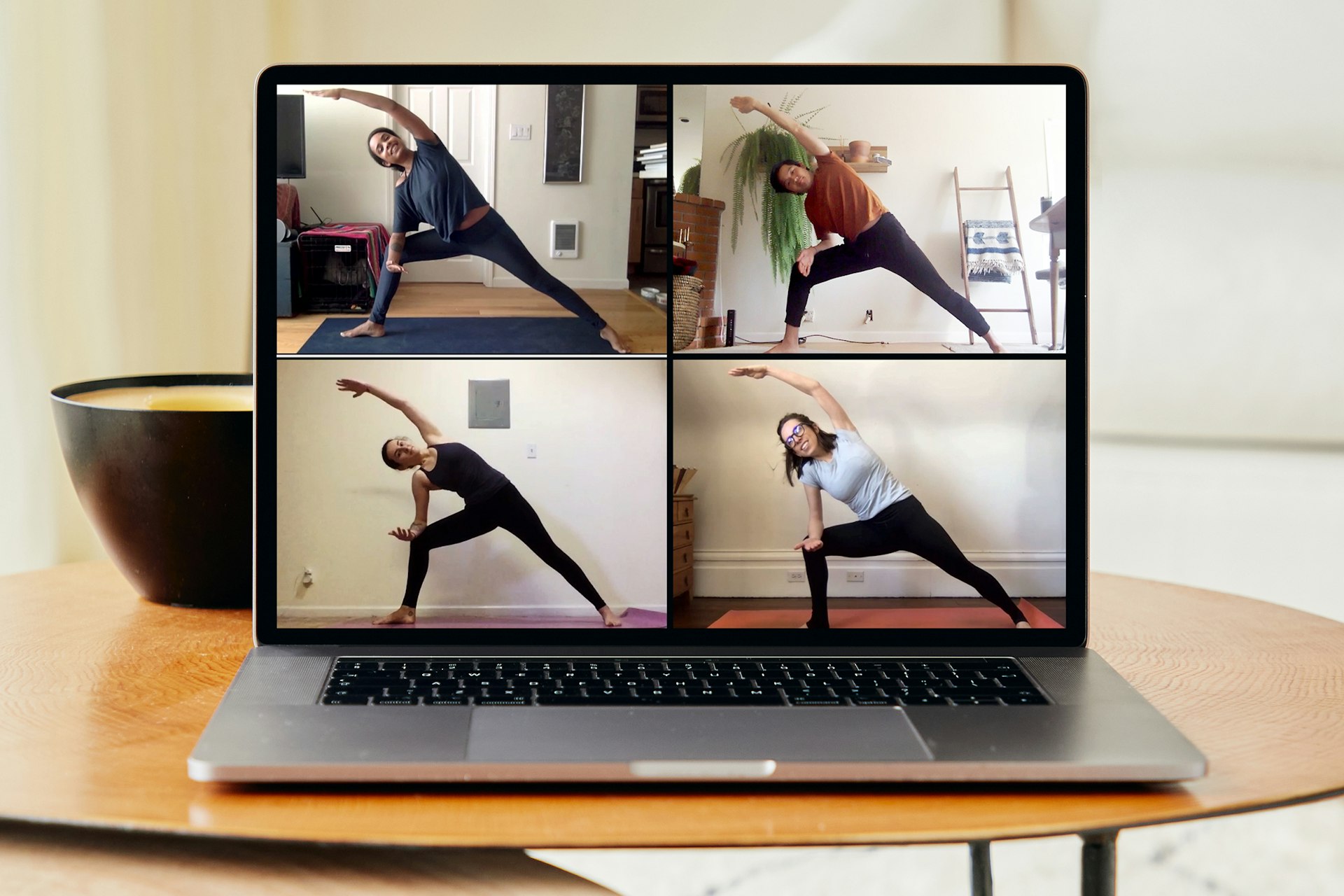 A screenshot of people doing yoga online