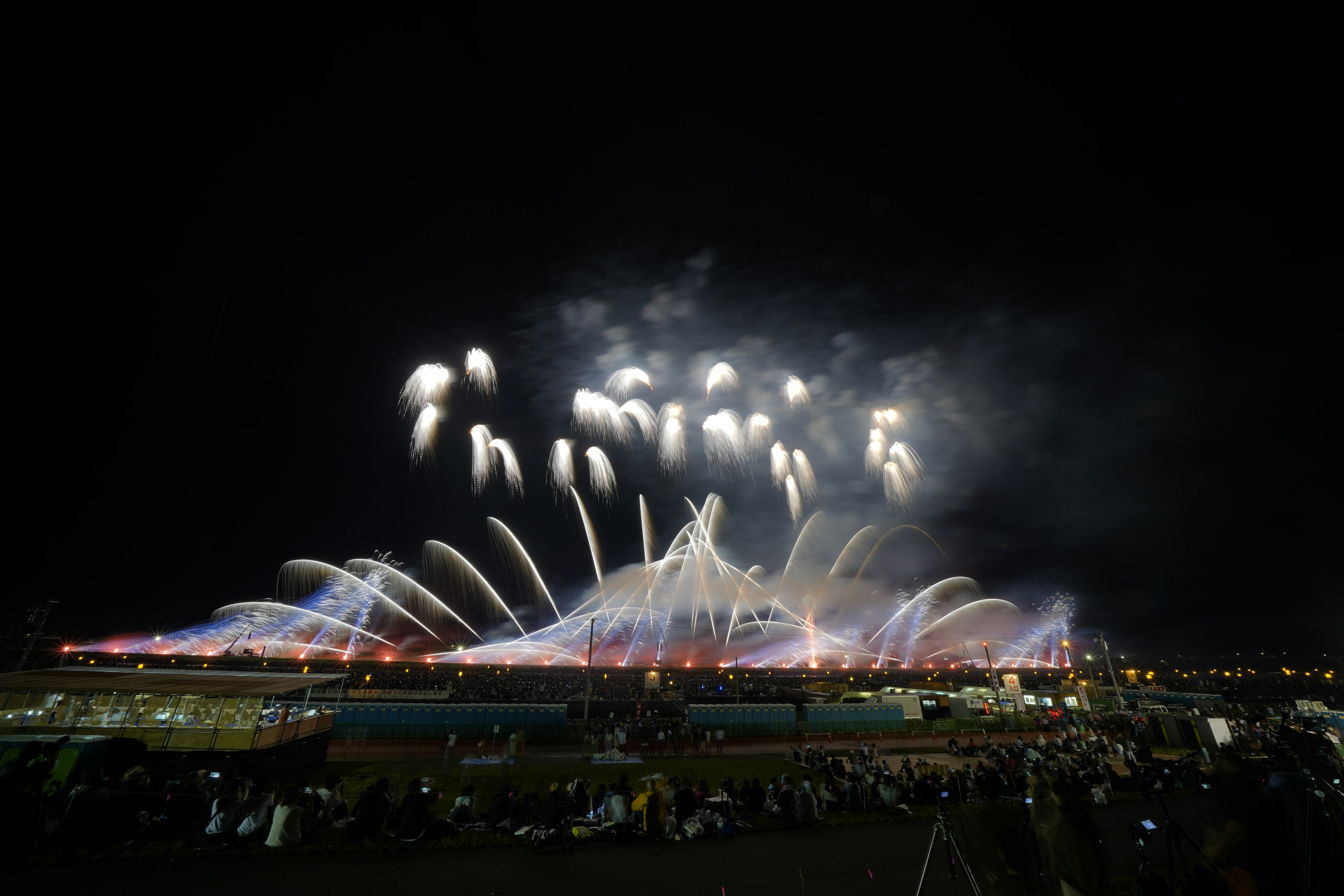 Bright white fireworks against a dark black sky