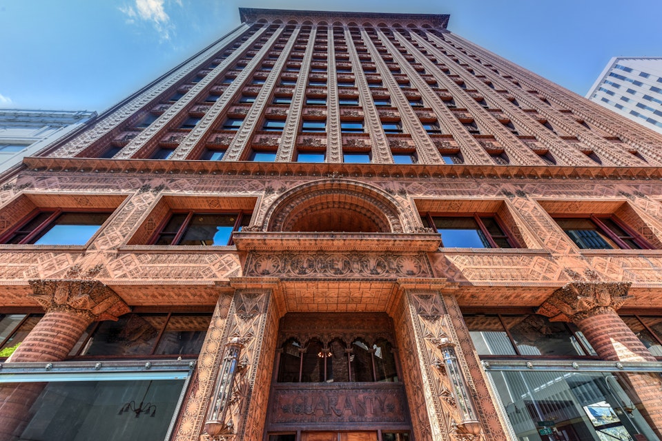 Buffalo, New York - May 8, 2016: The Guaranty Building, now Prudential Building, a historic skyscraper in Buffalo, New York completed in 1896 and designed by Louis Sullivan and Dankmar Adler.