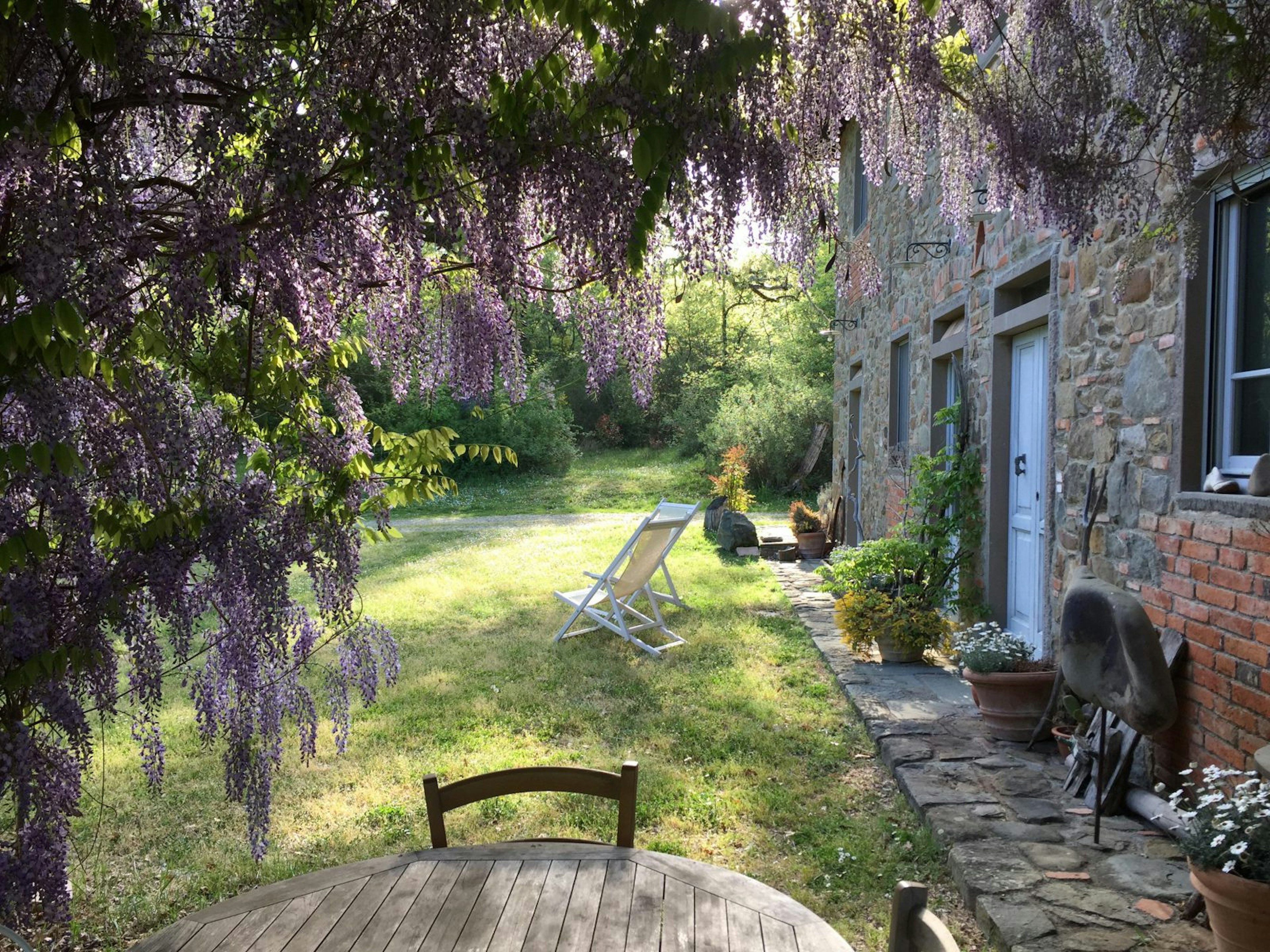 A picture of the villa's patio, with outdoor furniture and trees