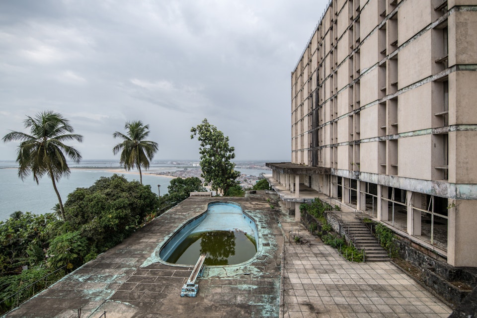 A pool at the abandoned Ducor Hotel, once the most prominent hotels in Monrovia, Liberia