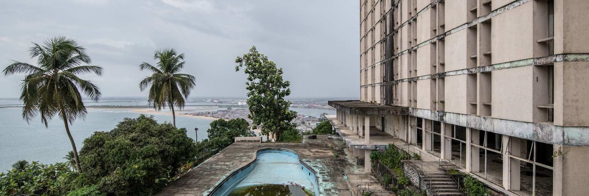 A pool at the abandoned Ducor Hotel, once the most prominent hotels in Monrovia, Liberia