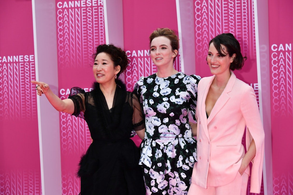 CANNES, FRANCE - APRIL 08:  Sandra Oh, Jodie Comer and Phoebe Waller-Bridge  attend "Killing Eve" and "When Heroes Fly" screening during the 1st Cannes International Series Festival at Palais des Festivals on April 8, 2018 in Cannes, France.  (Photo by Dominique Charriau/WireImage)