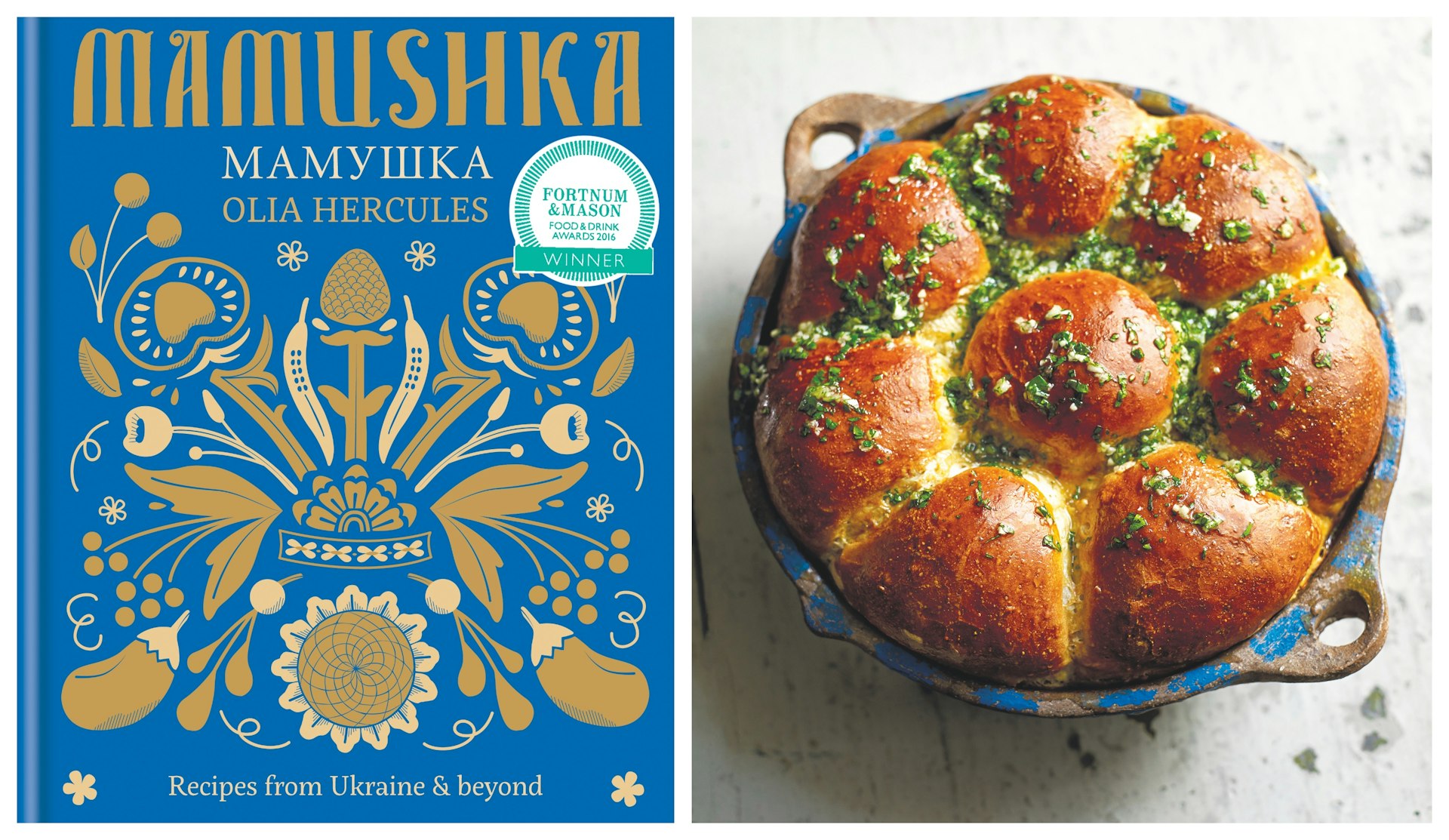On the left the Mamushka cookbook, on the right cooked pampushki