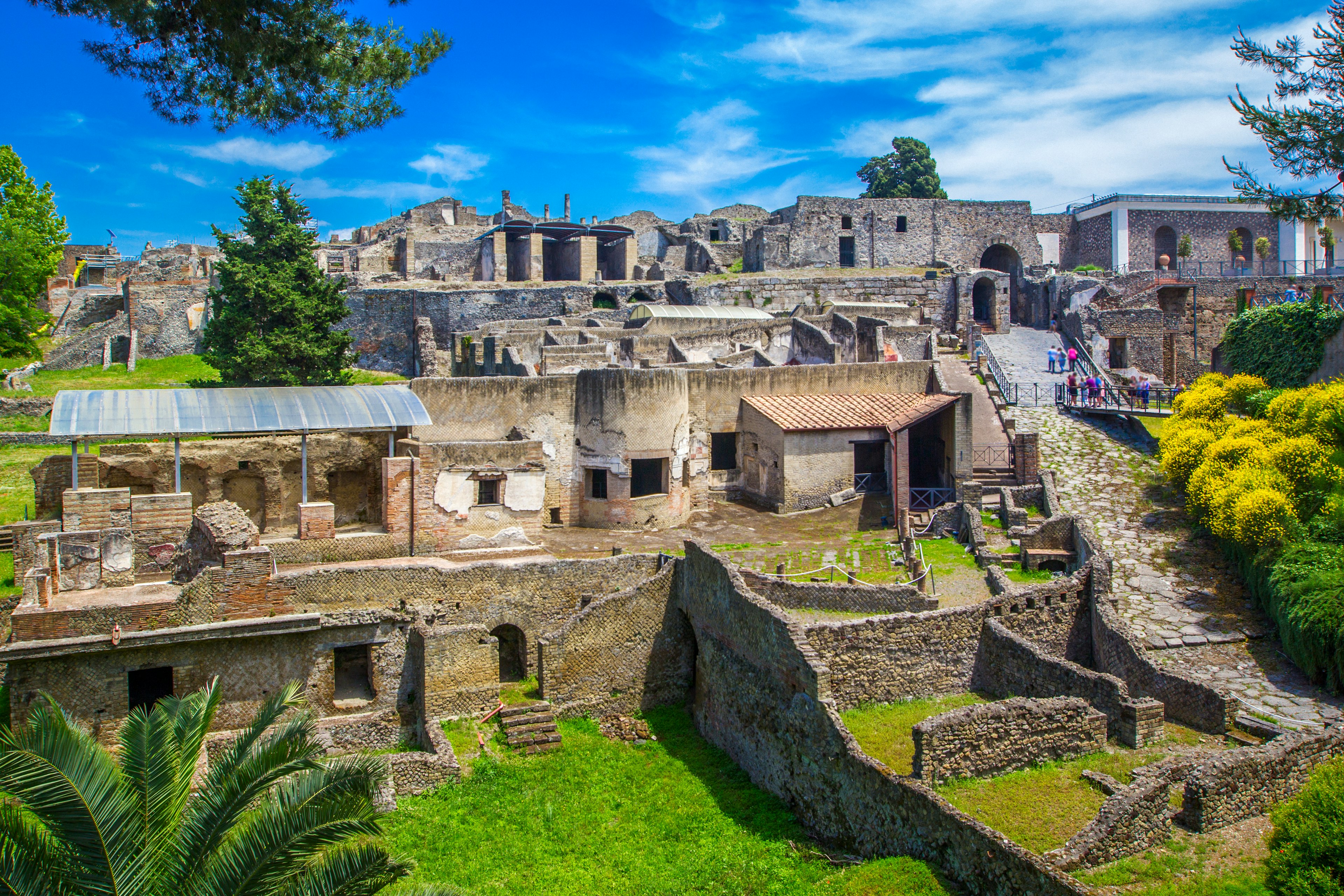 The ancient city of Pompeii with ruined houses and stone streets