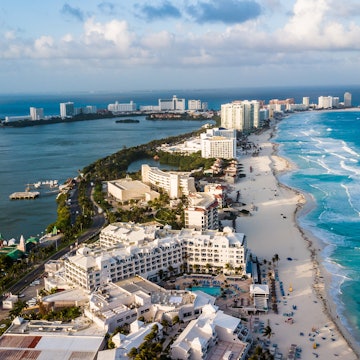 Aerial of the Zona Hotelera at Cancun.