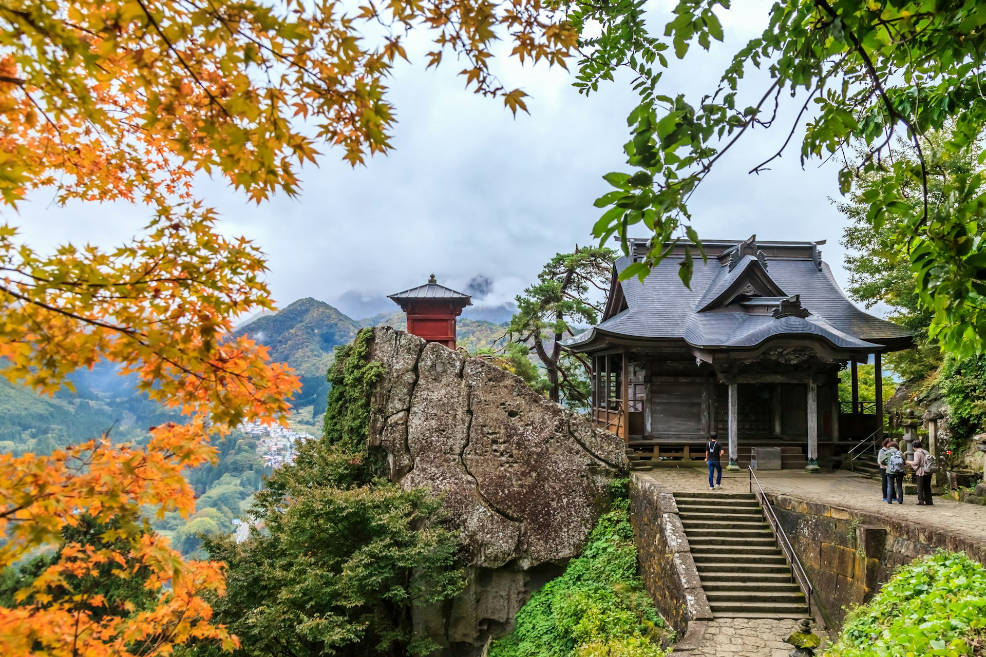 Exterior of Yamadera Temple during autumn