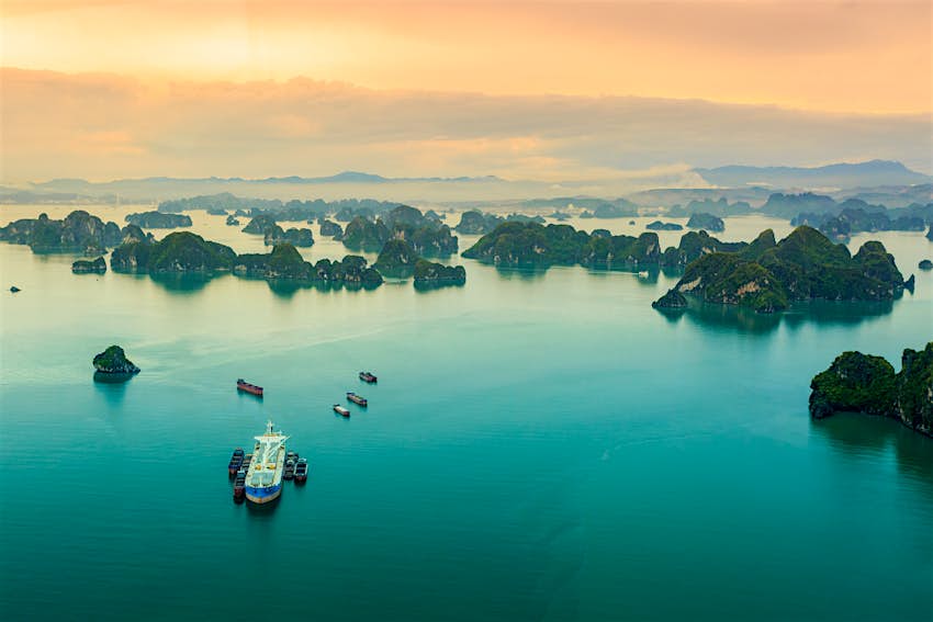 Aerial of the Halong bay islands at sunset.