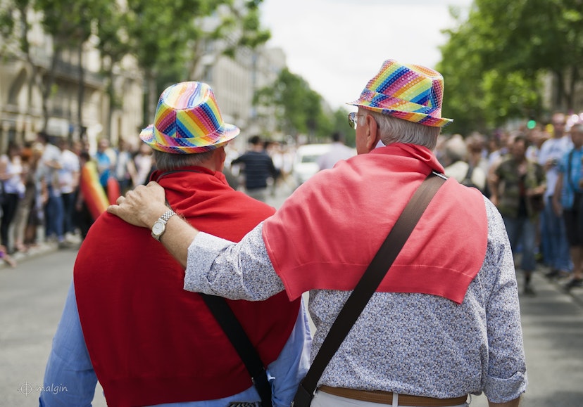 PARIS - JUNE 30: Two elderly gays follow column of demonstrators at the Gay Pride on June 30, 2012 in Paris.