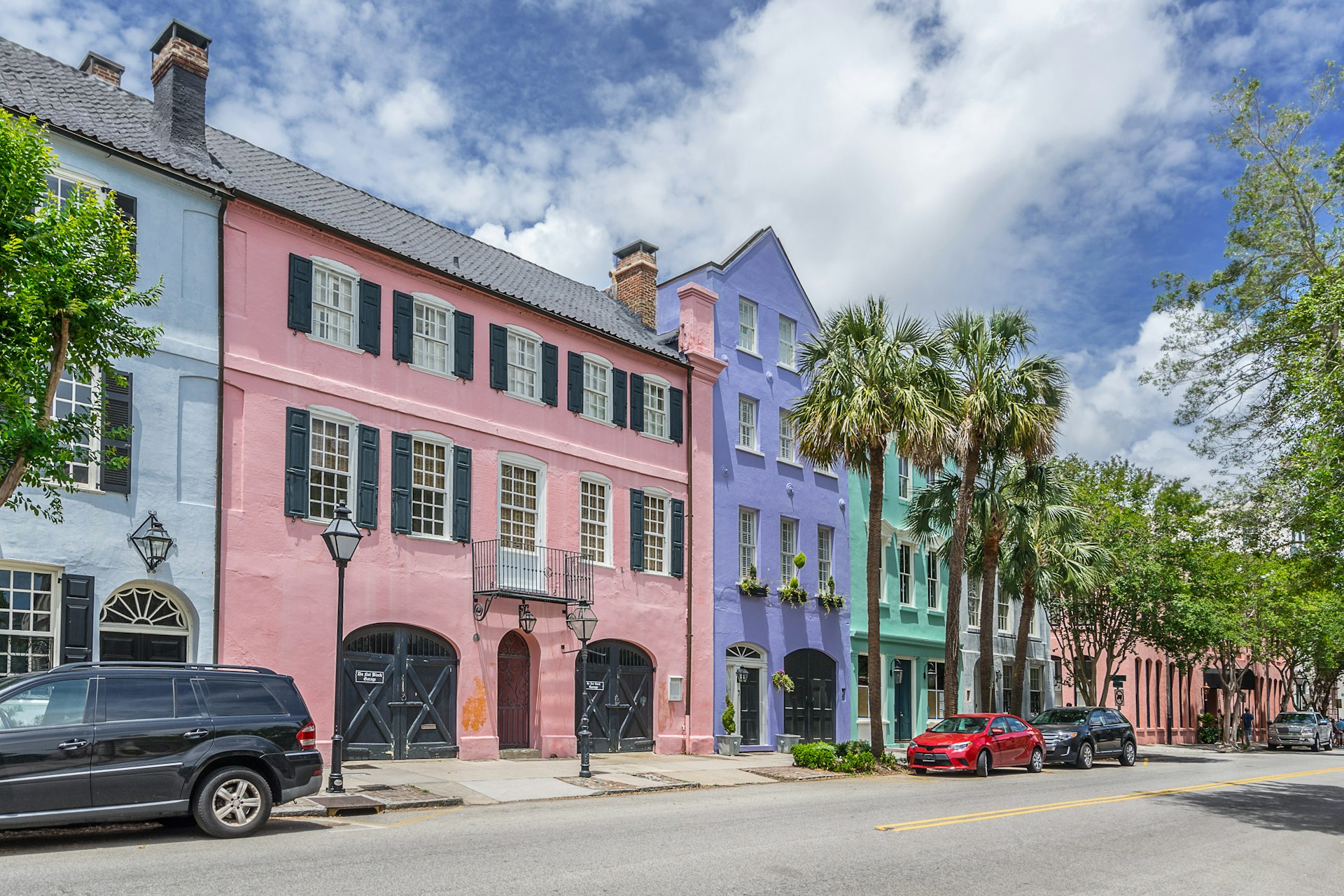 Rainbow Row, a run of several brightly coloured houses in Charleston in South Carolina.