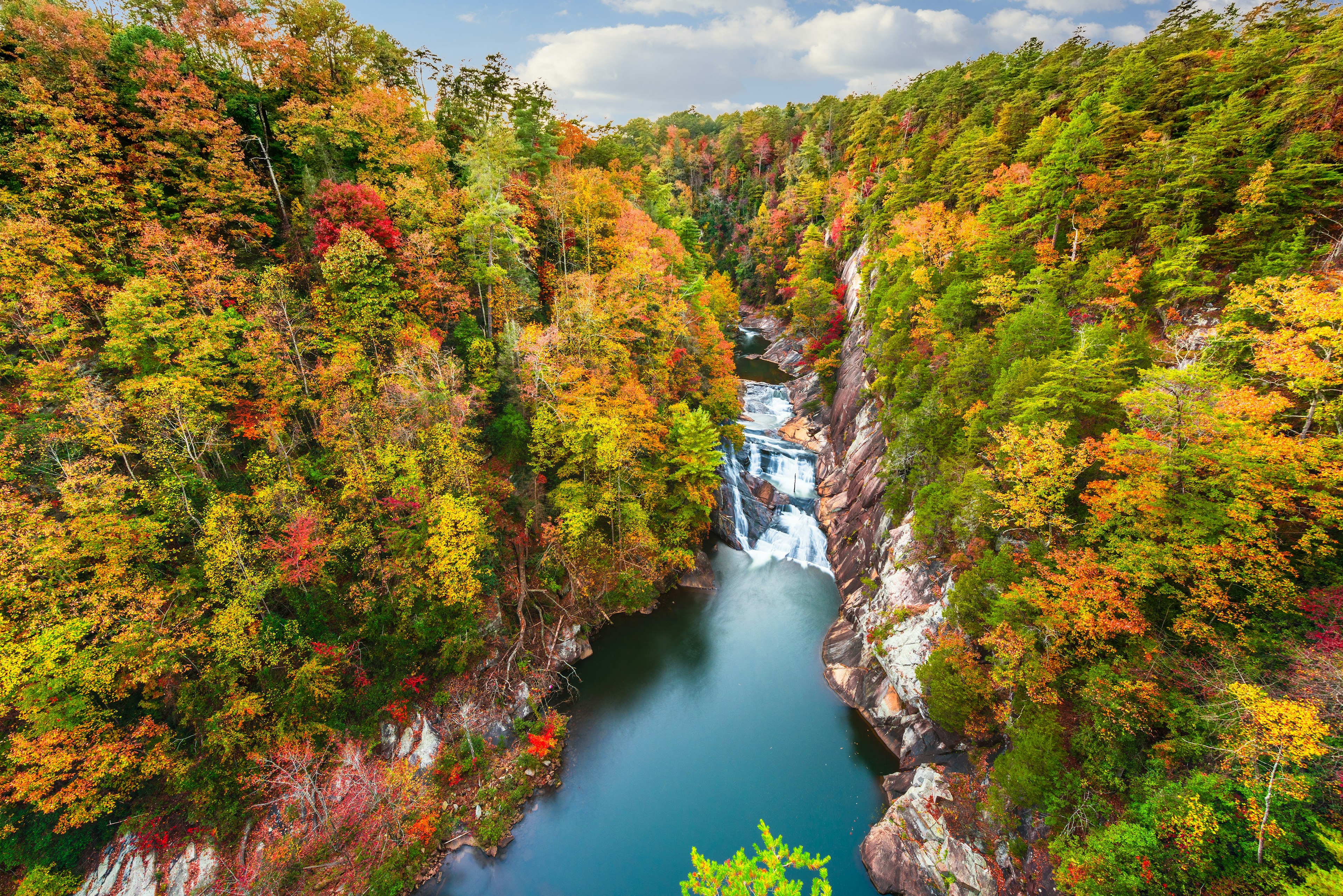 High-angle view of Tallulah Falls and gorge during autumn