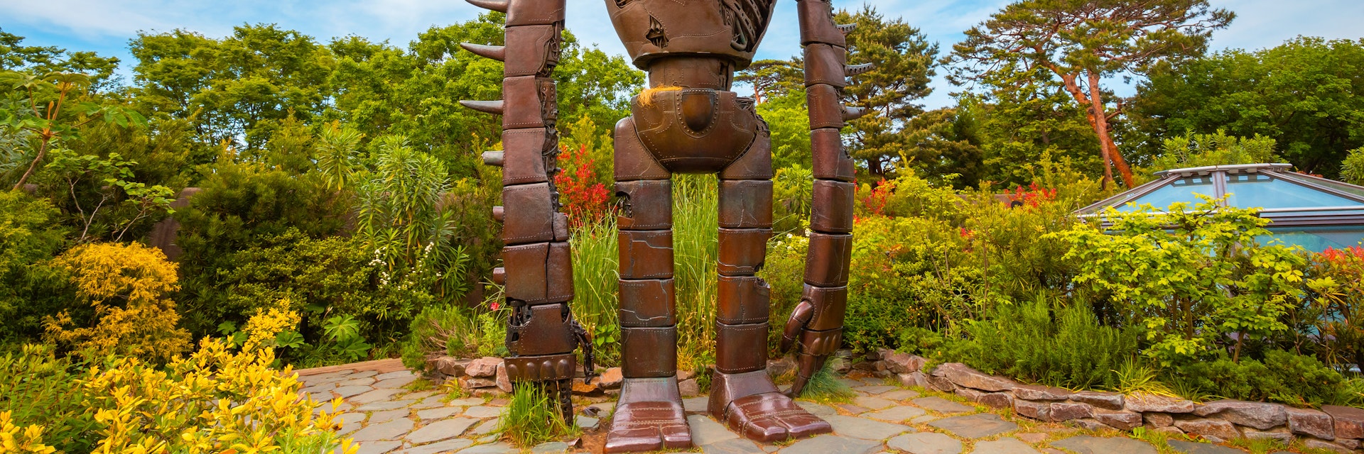 April 29, 2018: The Robot statue in an open garden space at the Ghibli museum.